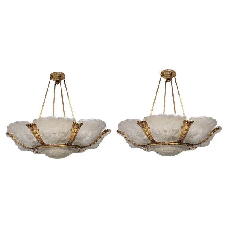 Pair of important Verreries Belge frosted art glass gilt bz blossom chandeliers