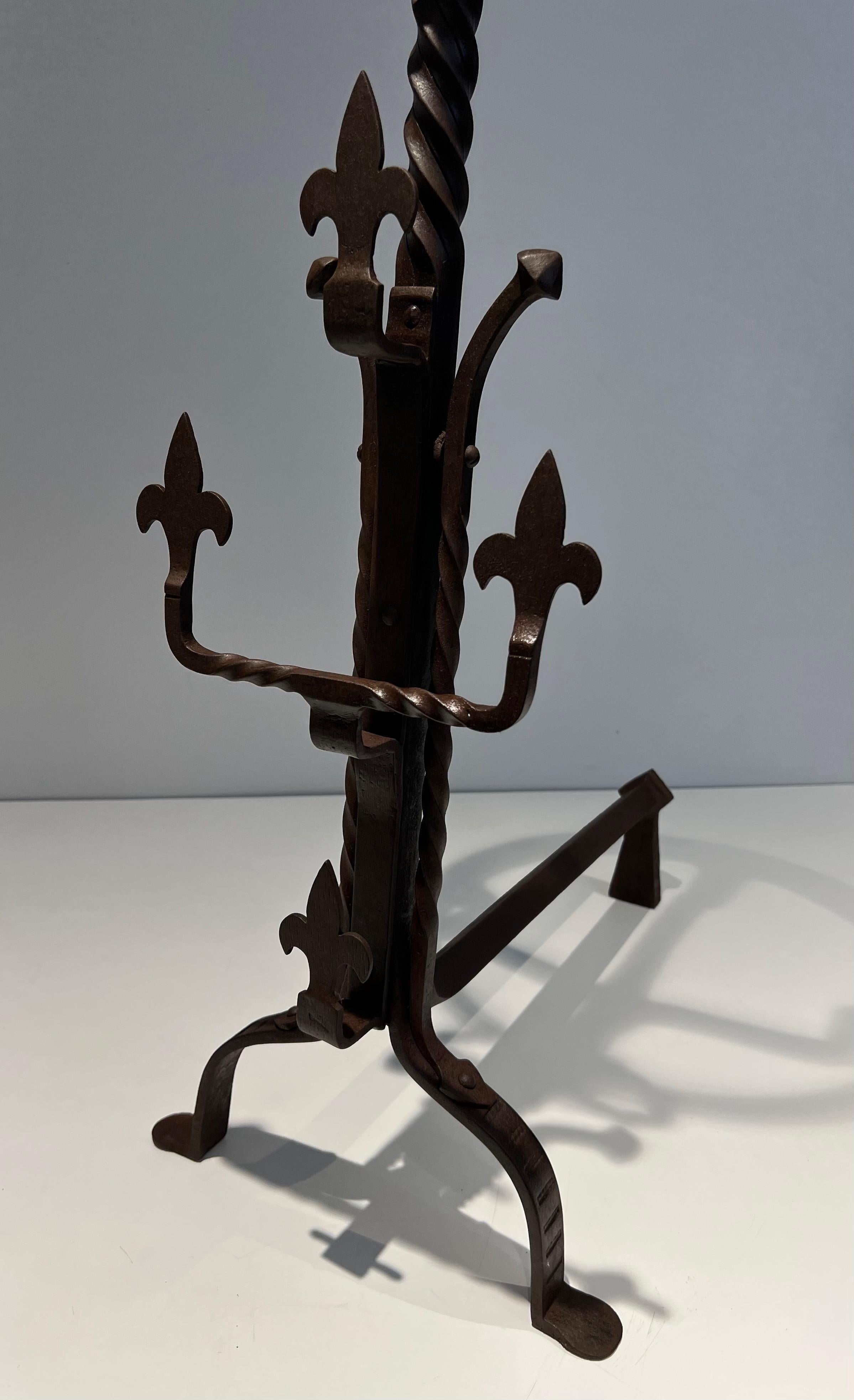 Pair of important wrought iron landiers. French work in the Gothic Style. C 1900 For Sale 5