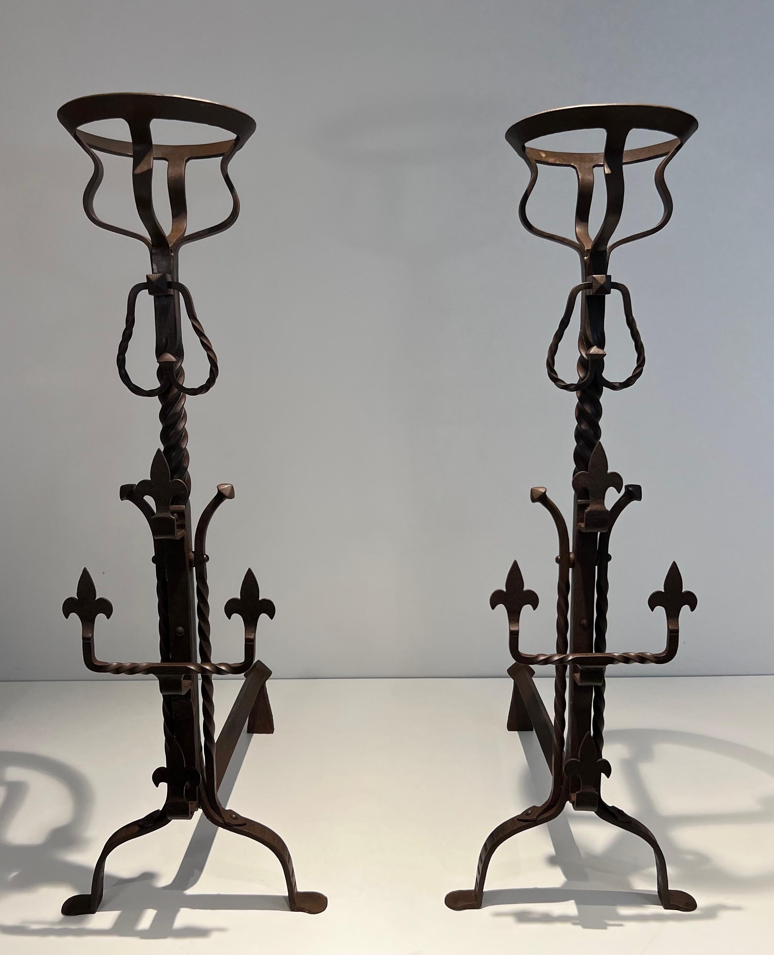 Pair of important wrought iron landiers. French work in the Gothic Style. C 1900 For Sale 7