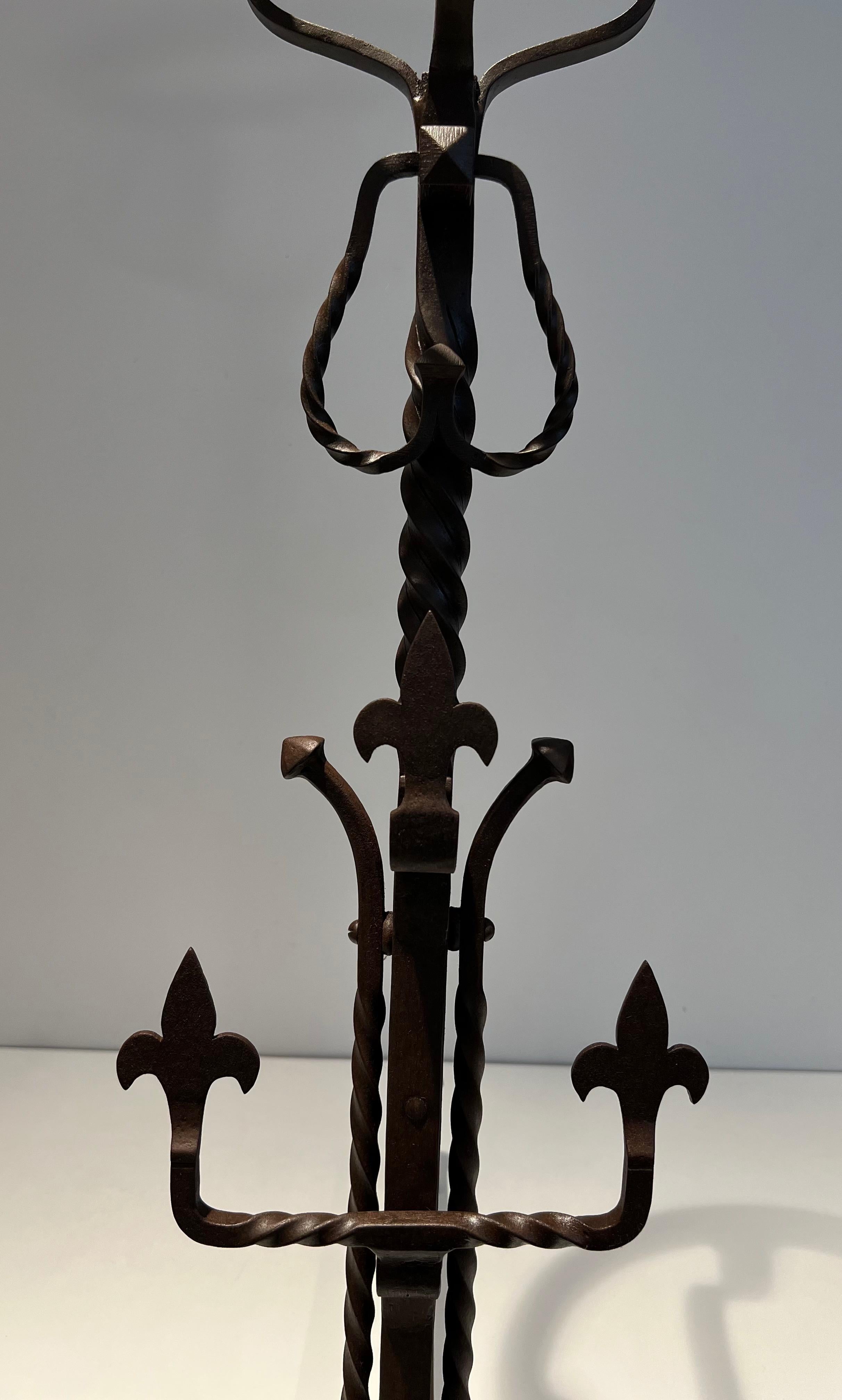 Pair of important wrought iron landiers. French work in the Gothic Style. C 1900 For Sale 10