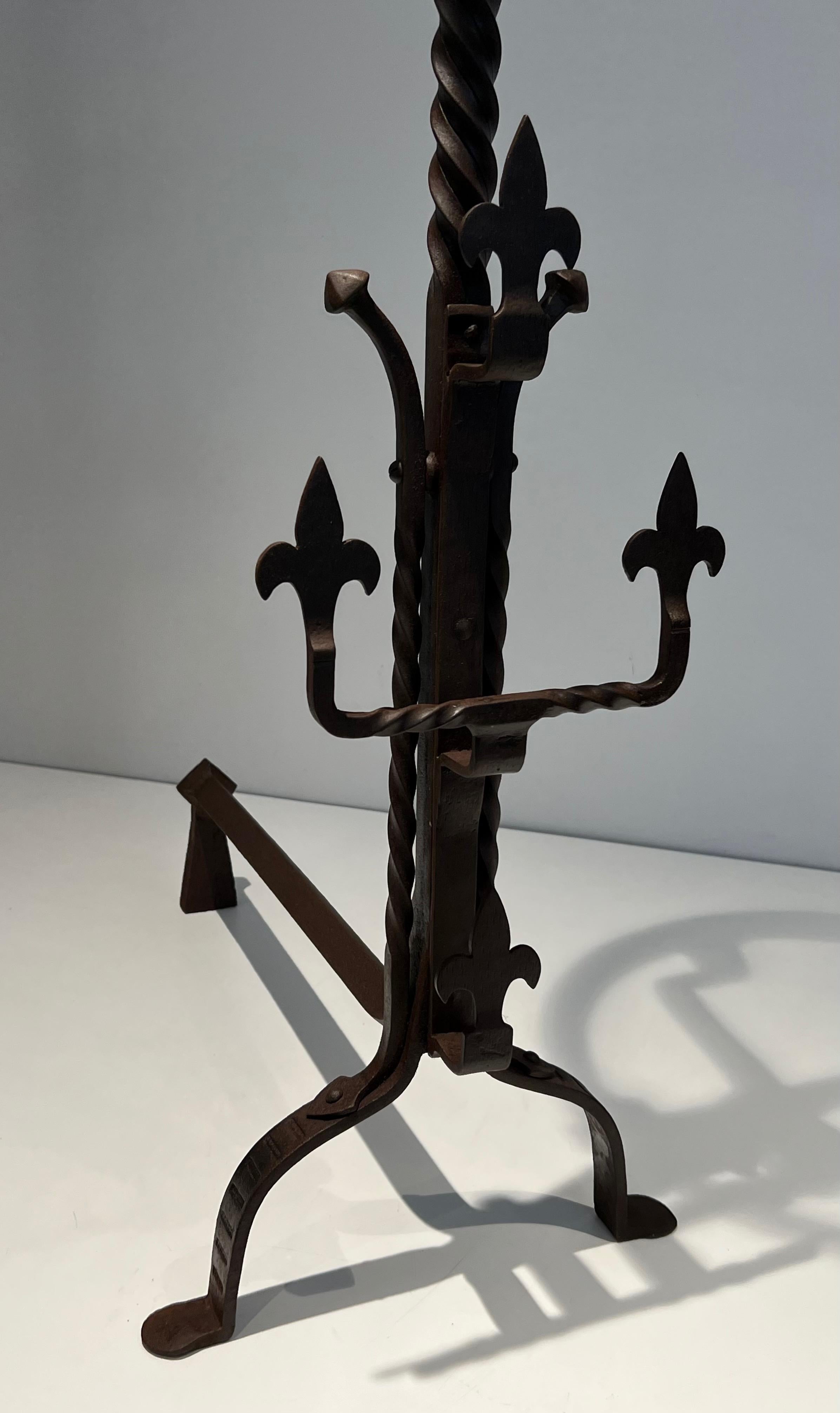 Pair of important wrought iron landiers. French work in the Gothic Style. C 1900 For Sale 11