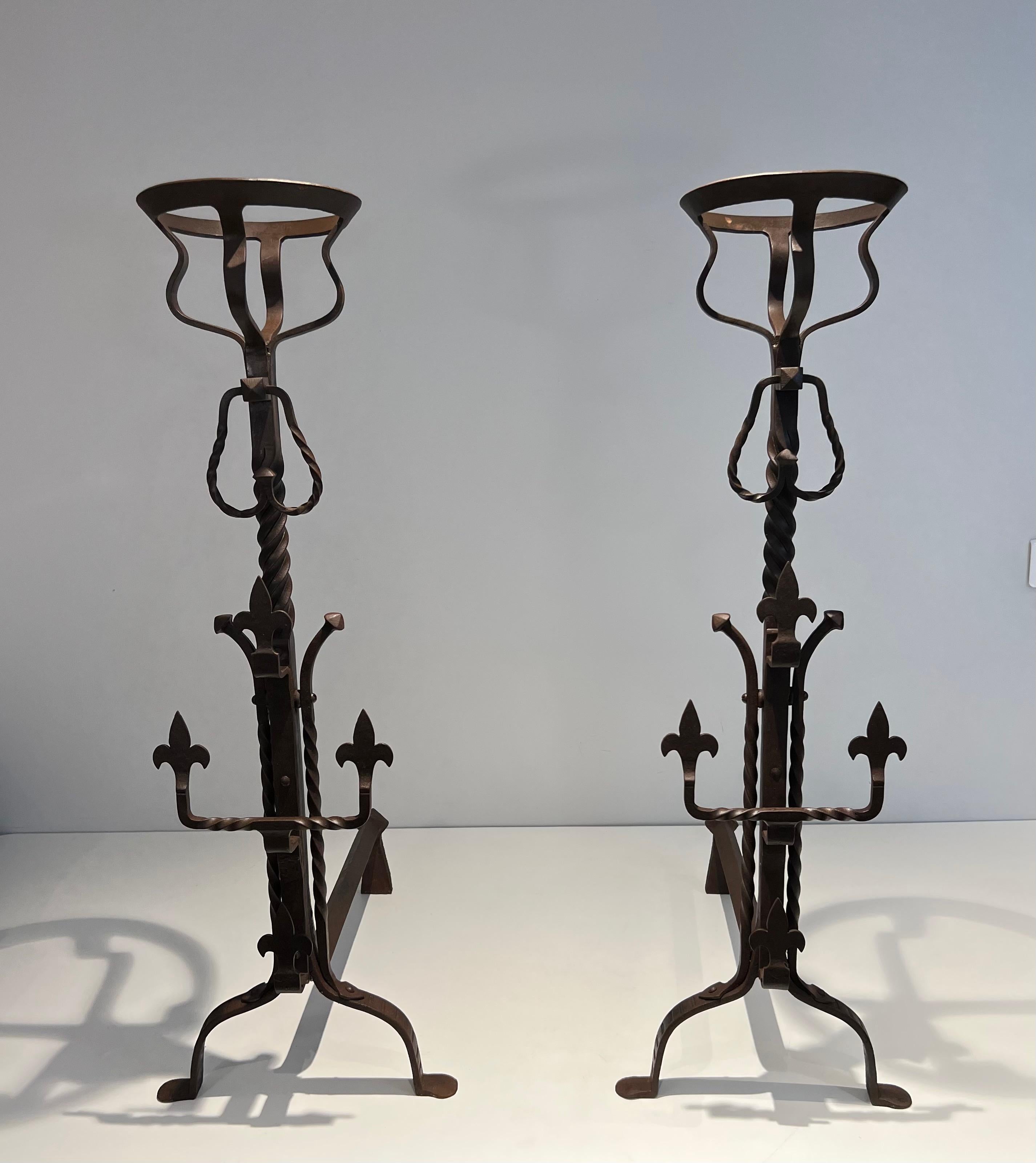 Pair of important wrought iron landiers. French work in the Gothic Style. C 1900 For Sale 15