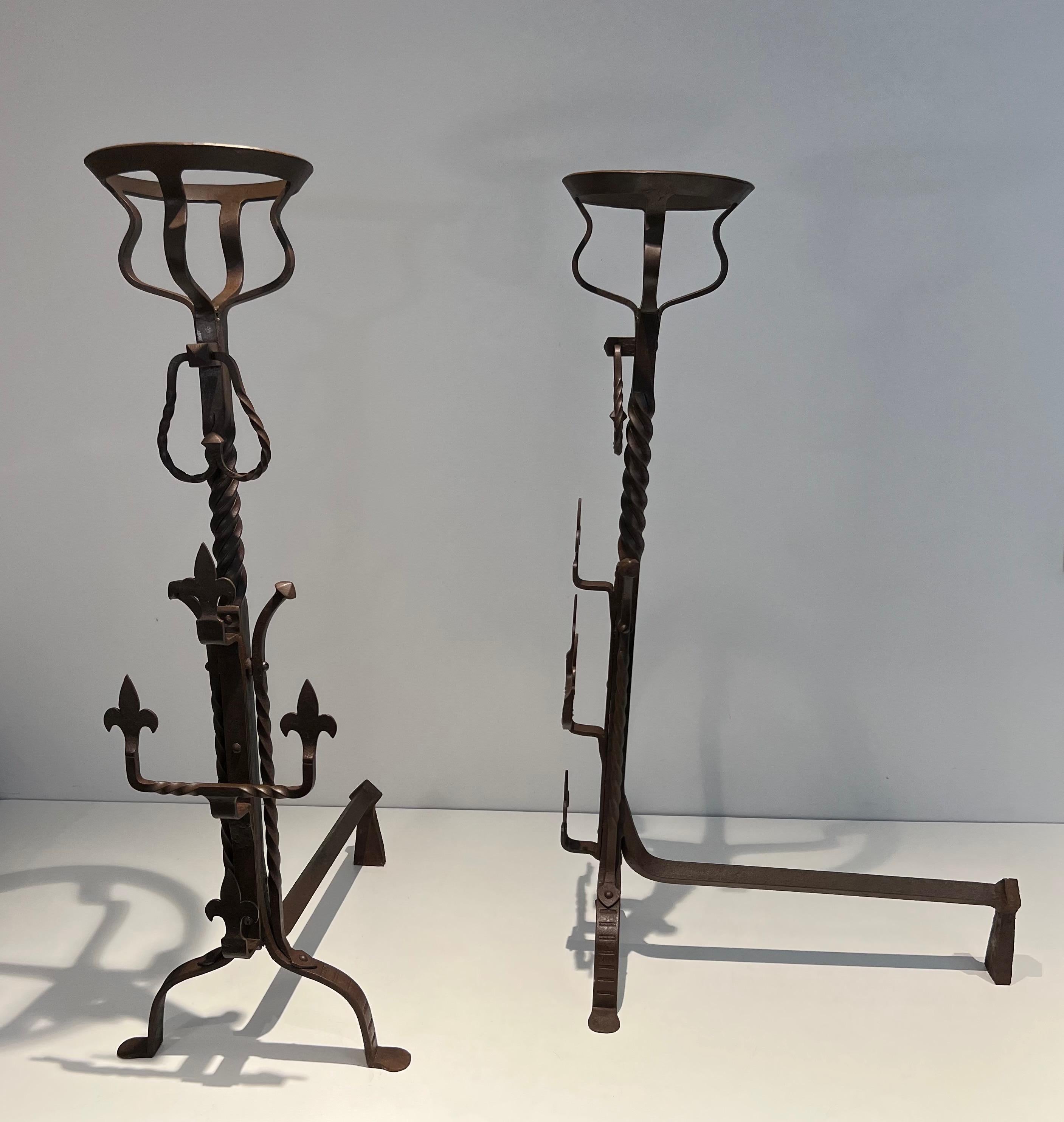 Early 20th Century Pair of important wrought iron landiers. French work in the Gothic Style. C 1900 For Sale