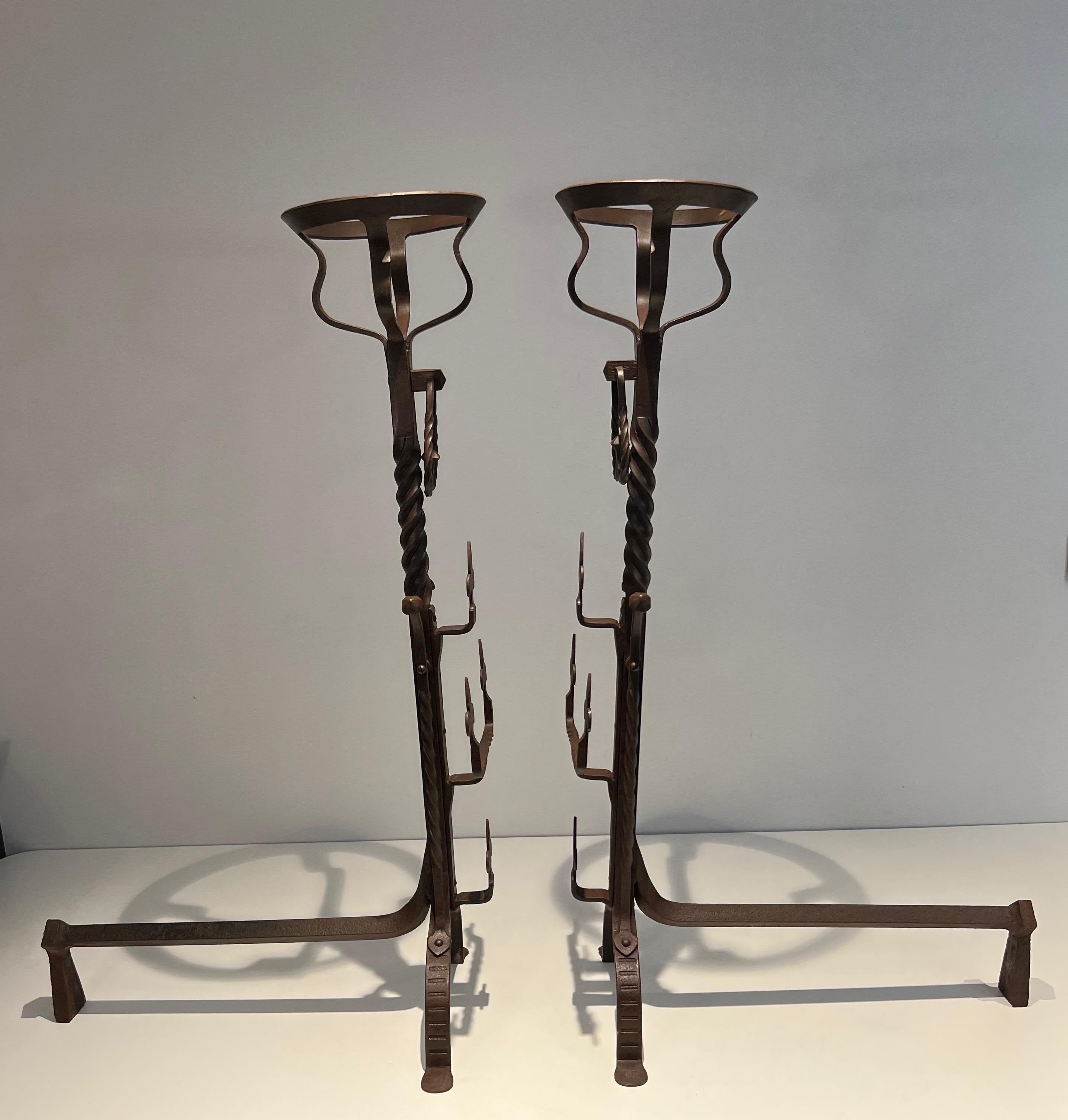 Wrought Iron Pair of important wrought iron landiers. French work in the Gothic Style. C 1900 For Sale