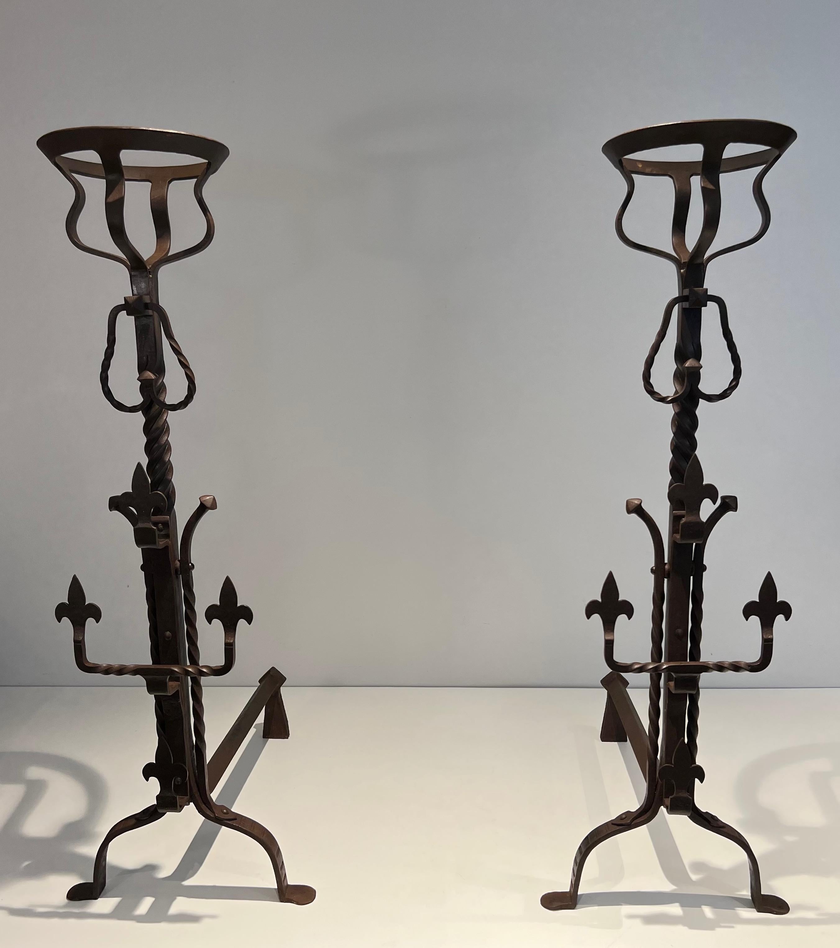 Pair of important wrought iron landiers. French work in the Gothic Style. C 1900 For Sale 1