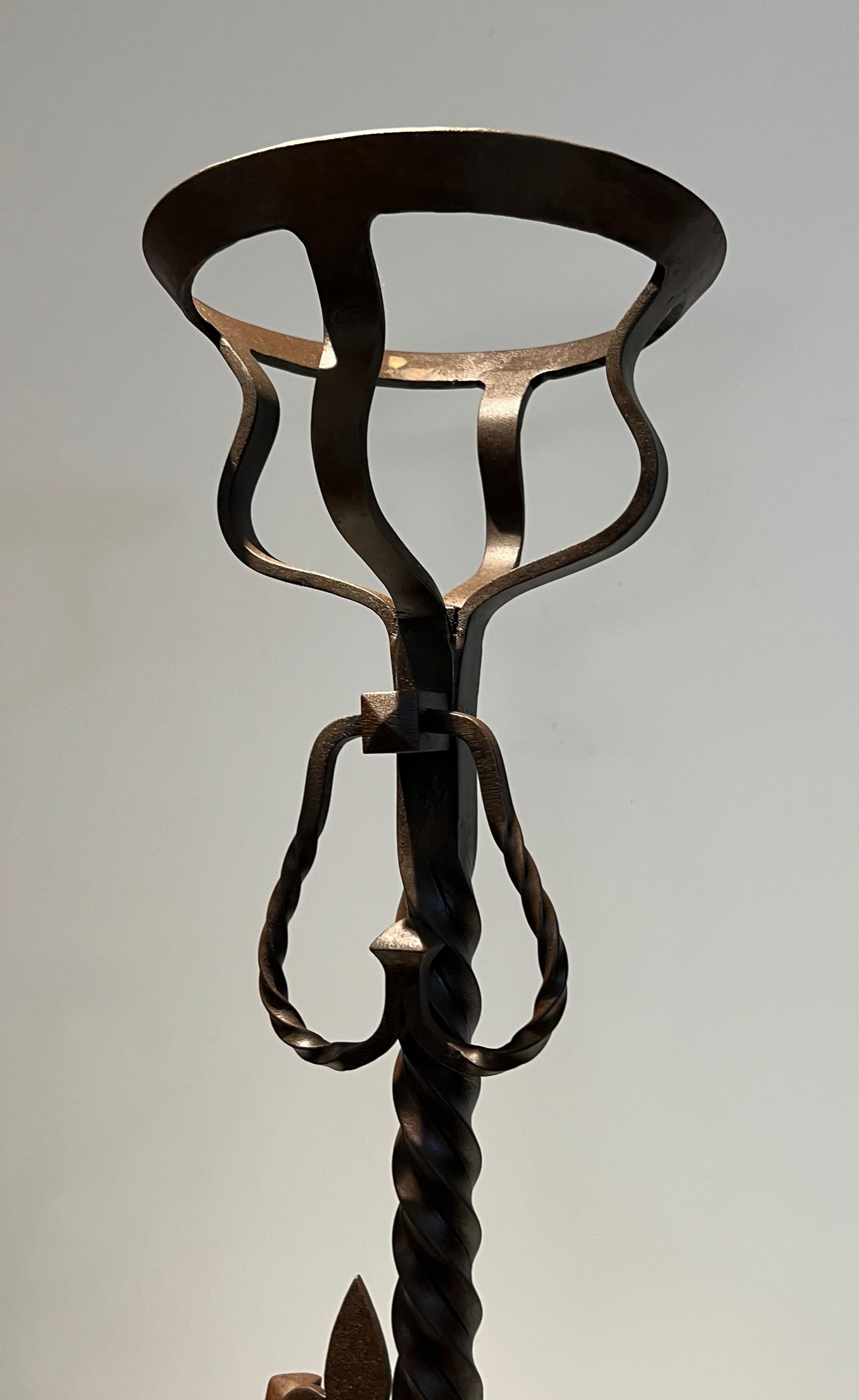 Pair of important wrought iron landiers. French work in the Gothic Style. C 1900 For Sale 2