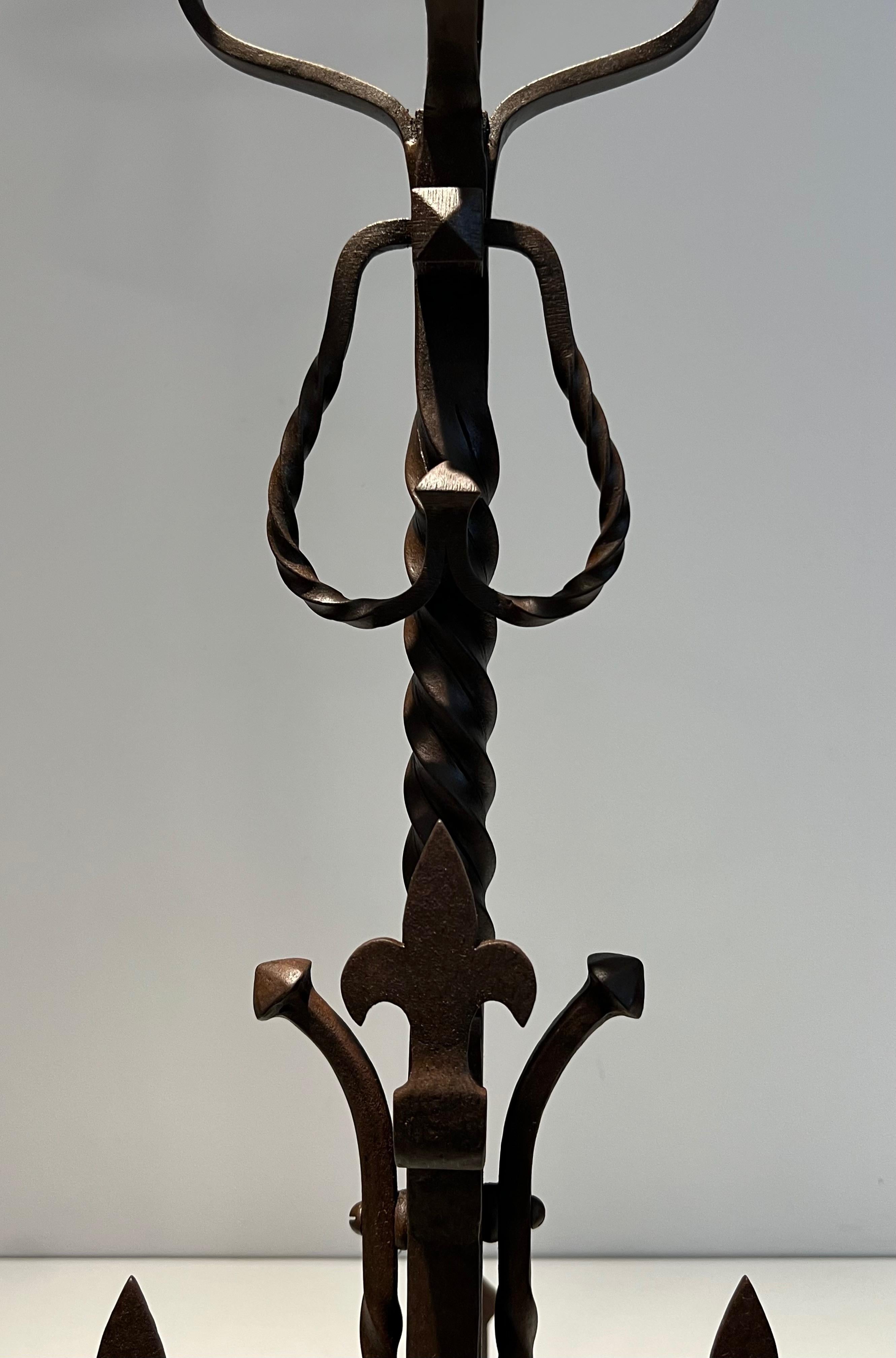 Pair of important wrought iron landiers. French work in the Gothic Style. C 1900 For Sale 3