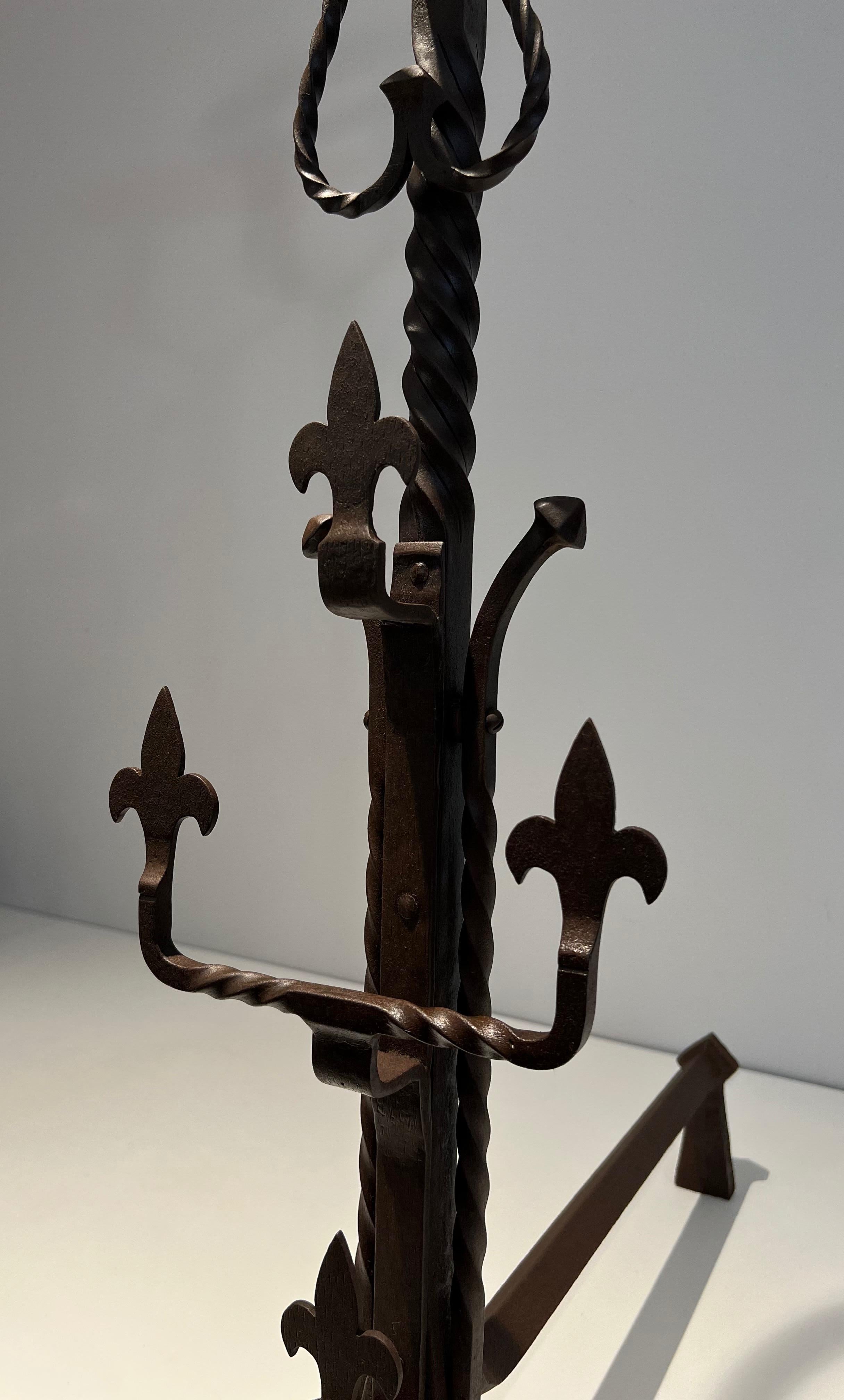 Pair of important wrought iron landiers. French work in the Gothic Style. C 1900 For Sale 4