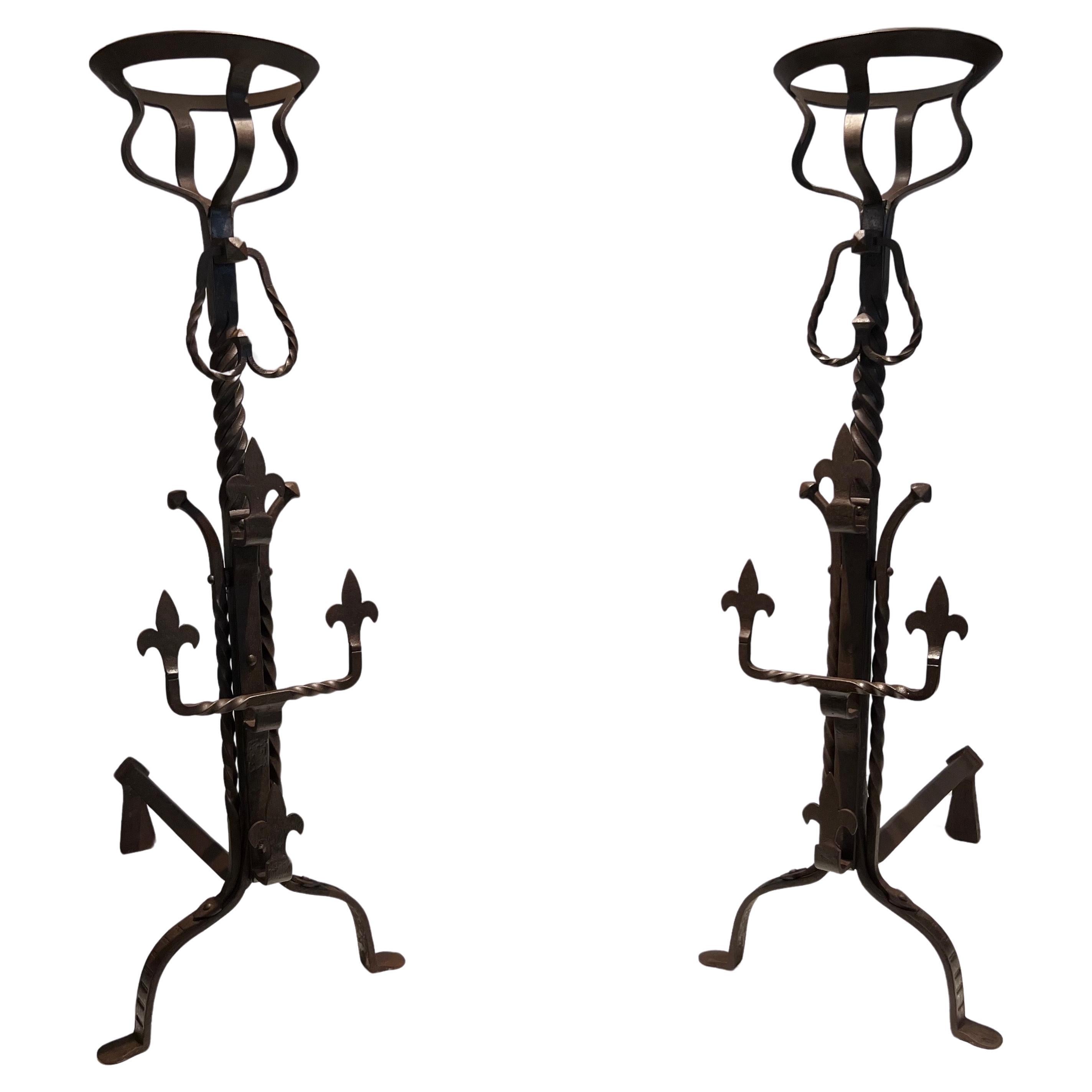 Pair of important wrought iron landiers. French work in the Gothic Style. C 1900 For Sale