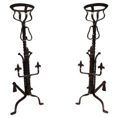 Antique Pair of important wrought iron landiers. French work in the Gothic Style. C 1900
