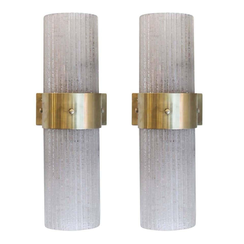 Mid-Century Modern Pair of Imposing Glass and Brass Sconces, Italy, 1970s