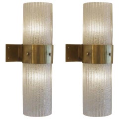 Pair of Imposing Glass and Brass Sconces, Italy, 1970s