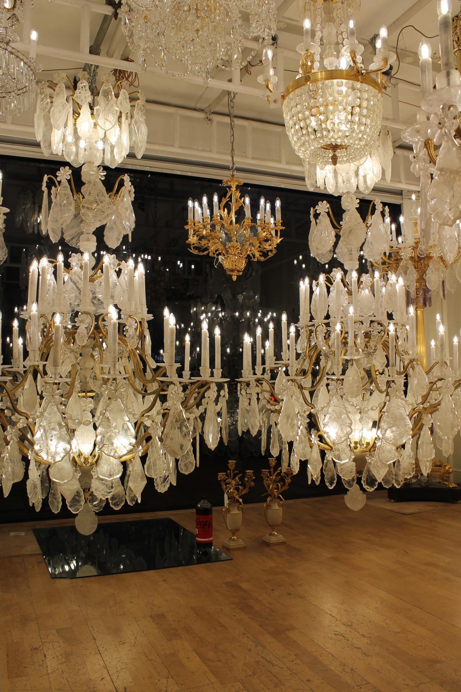 Unique Pair of imposing rock crystal Louis XV style cage chandeliers H300cm W18O For Sale 4