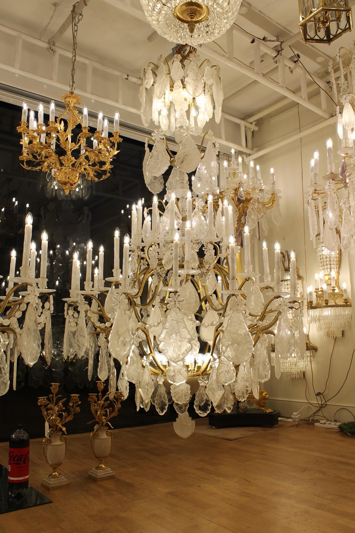 Unique Pair of imposing rock crystal Louis XV style cage chandeliers H300cm W18O For Sale 9