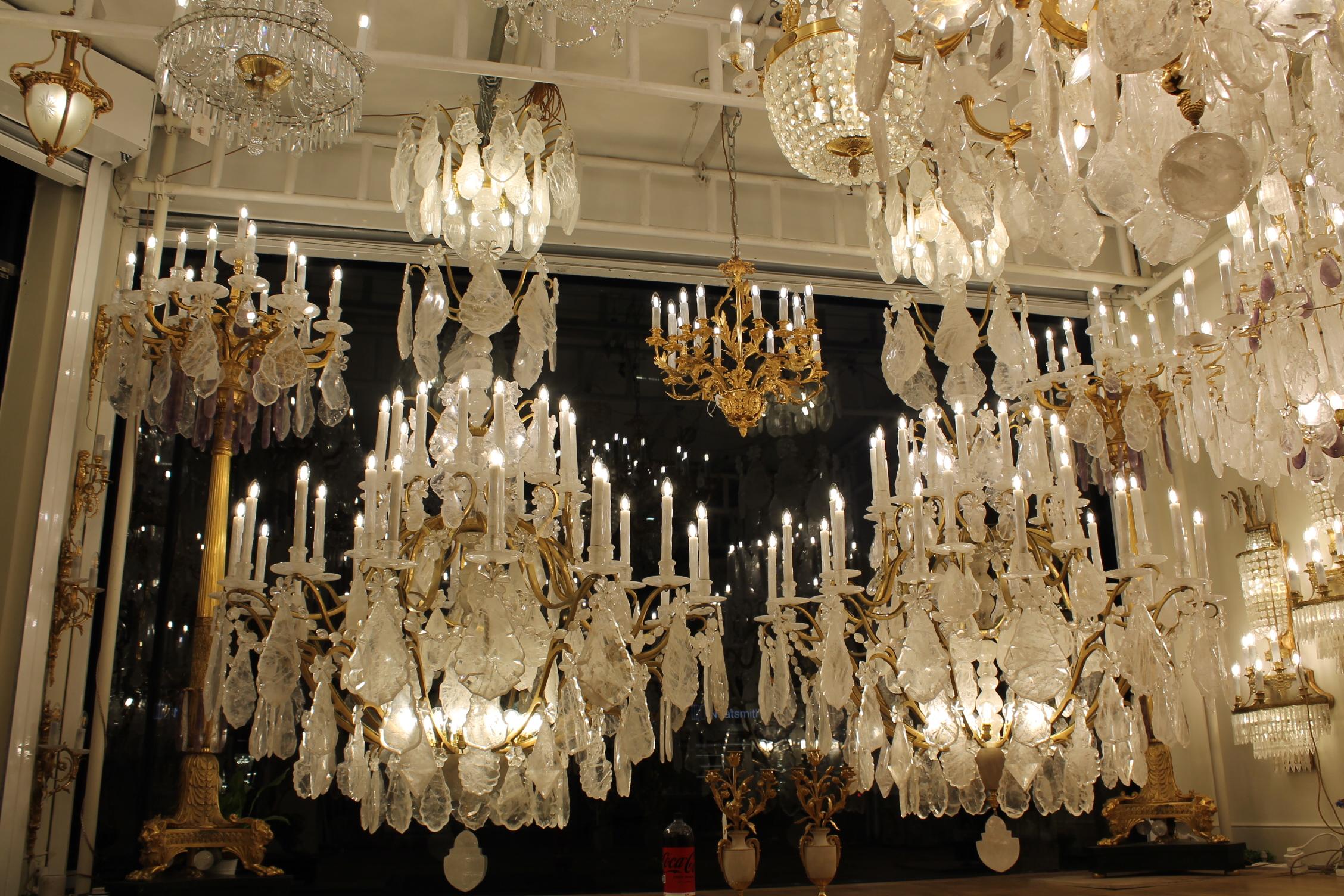 Unique Pair of imposing rock crystal Louis XV style cage chandeliers H300cm W18O For Sale 6