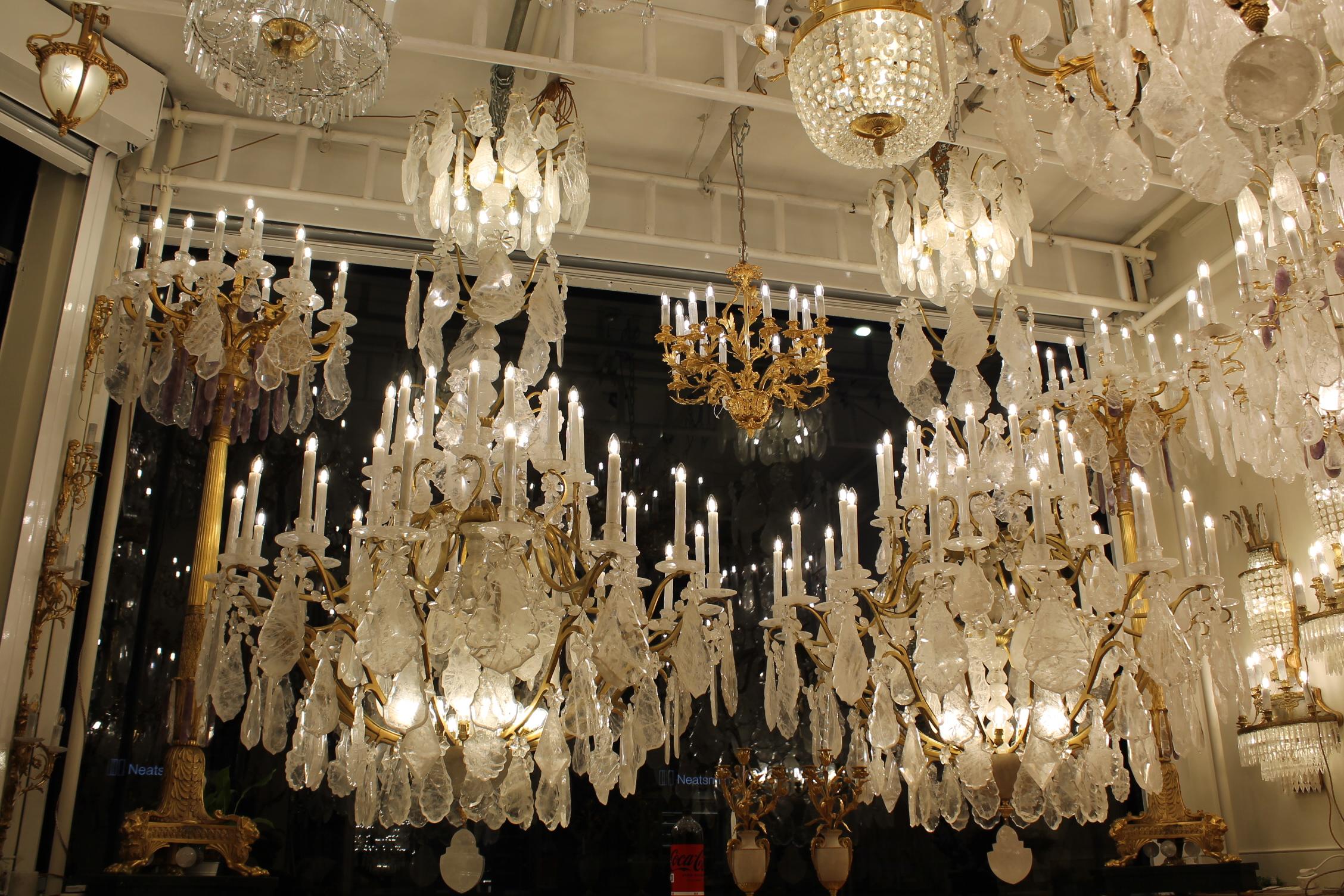 Unique Pair of imposing rock crystal Louis XV style cage chandeliers H300cm W18O For Sale 7