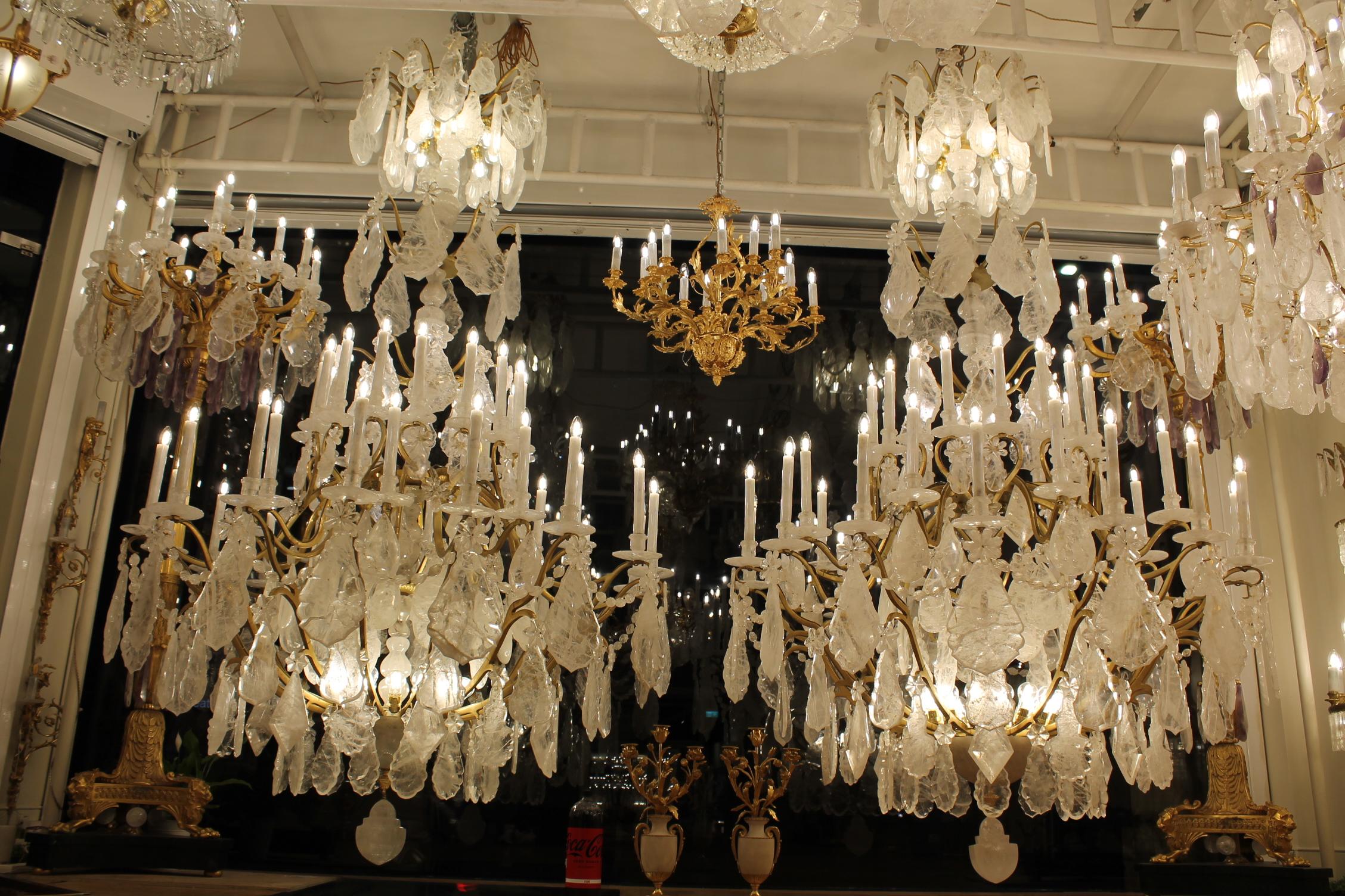 Unique Pair of imposing rock crystal Louis XV style cage chandeliers H300cm W18O For Sale 8