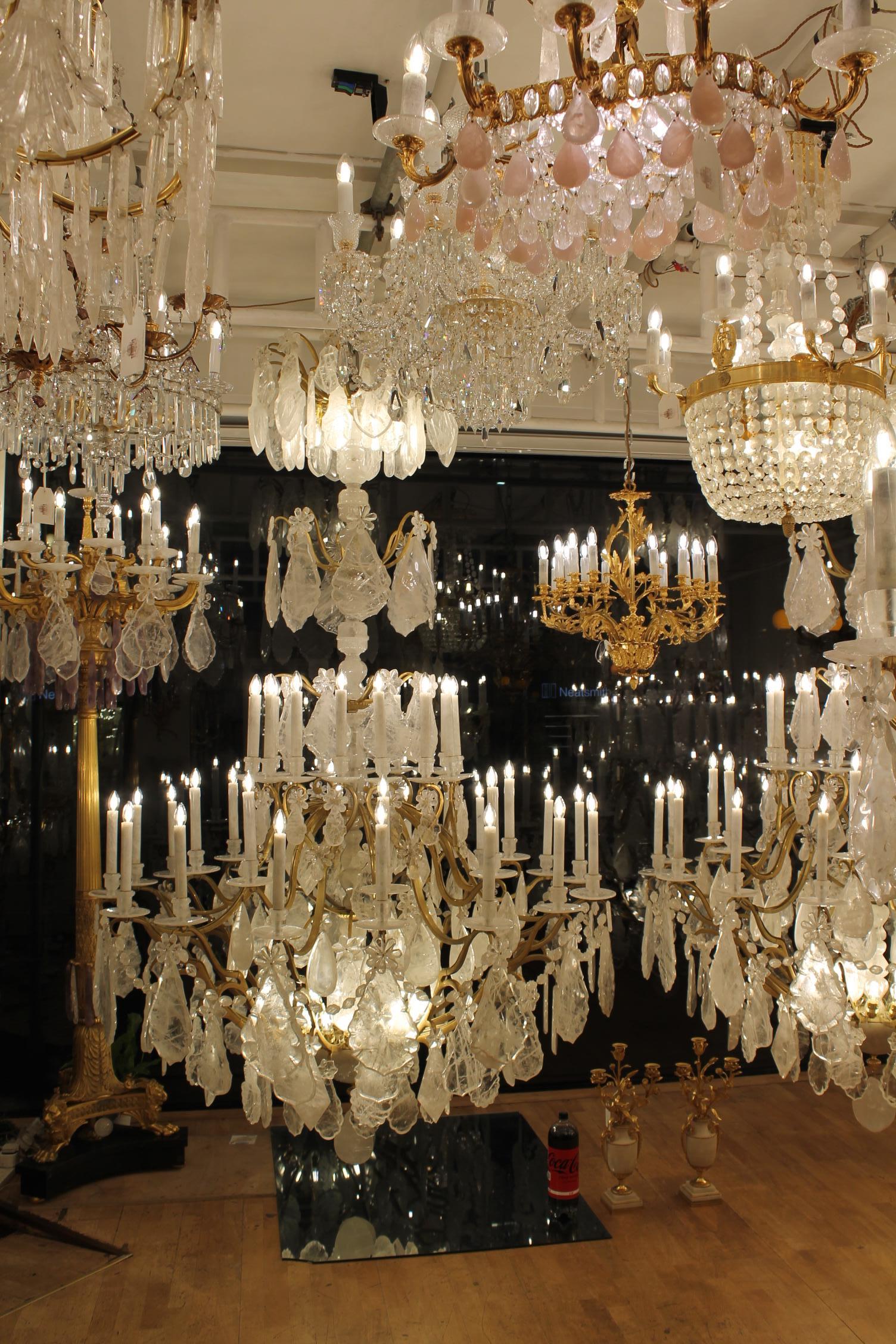 Unique Pair of imposing rock crystal Louis XV style cage chandeliers H300cm W18O For Sale 12