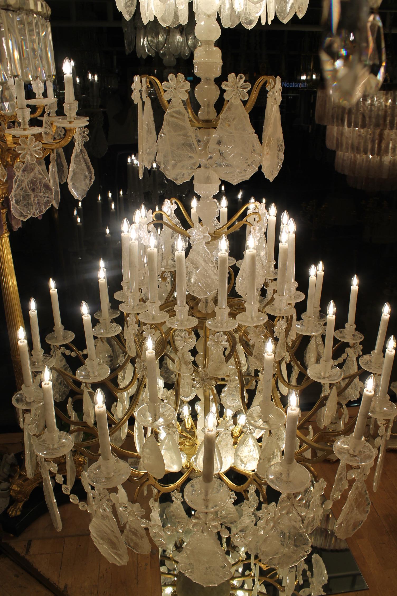 20th Century Unique Pair of imposing rock crystal Louis XV style cage chandeliers H300cm W18O For Sale