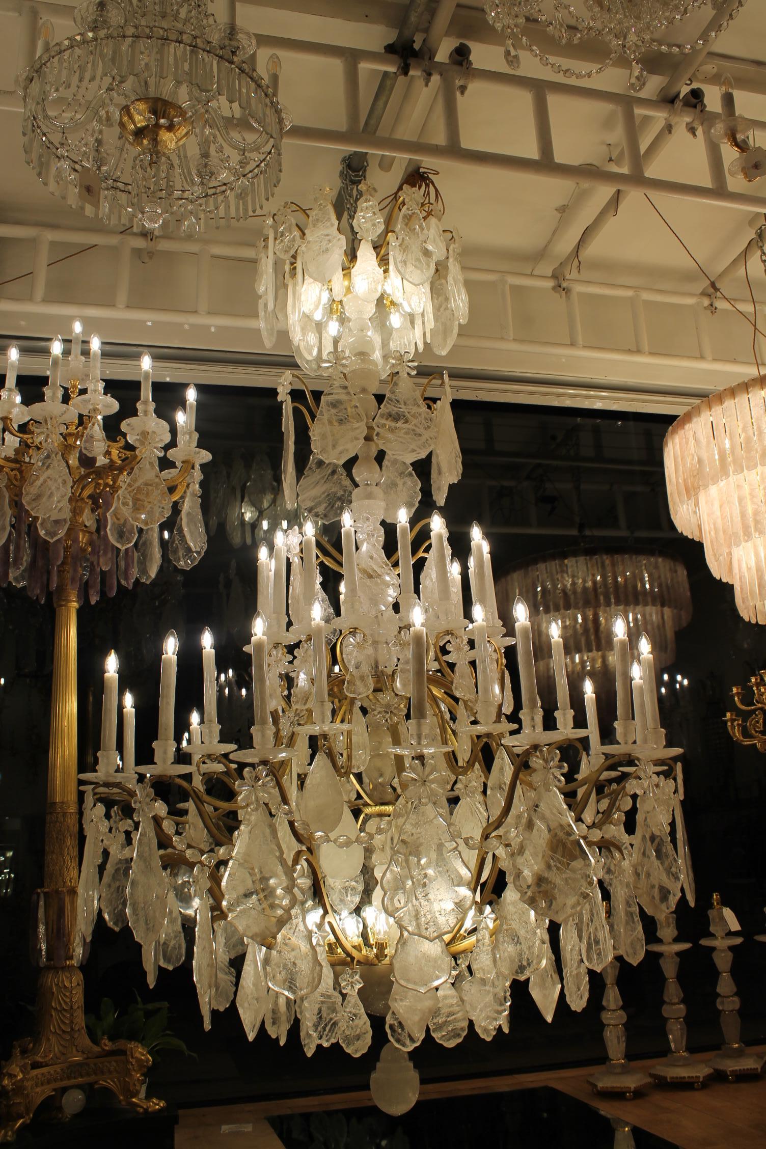 Pair of imposing rock crystal Louis XV style cage chandeliers For Sale 2
