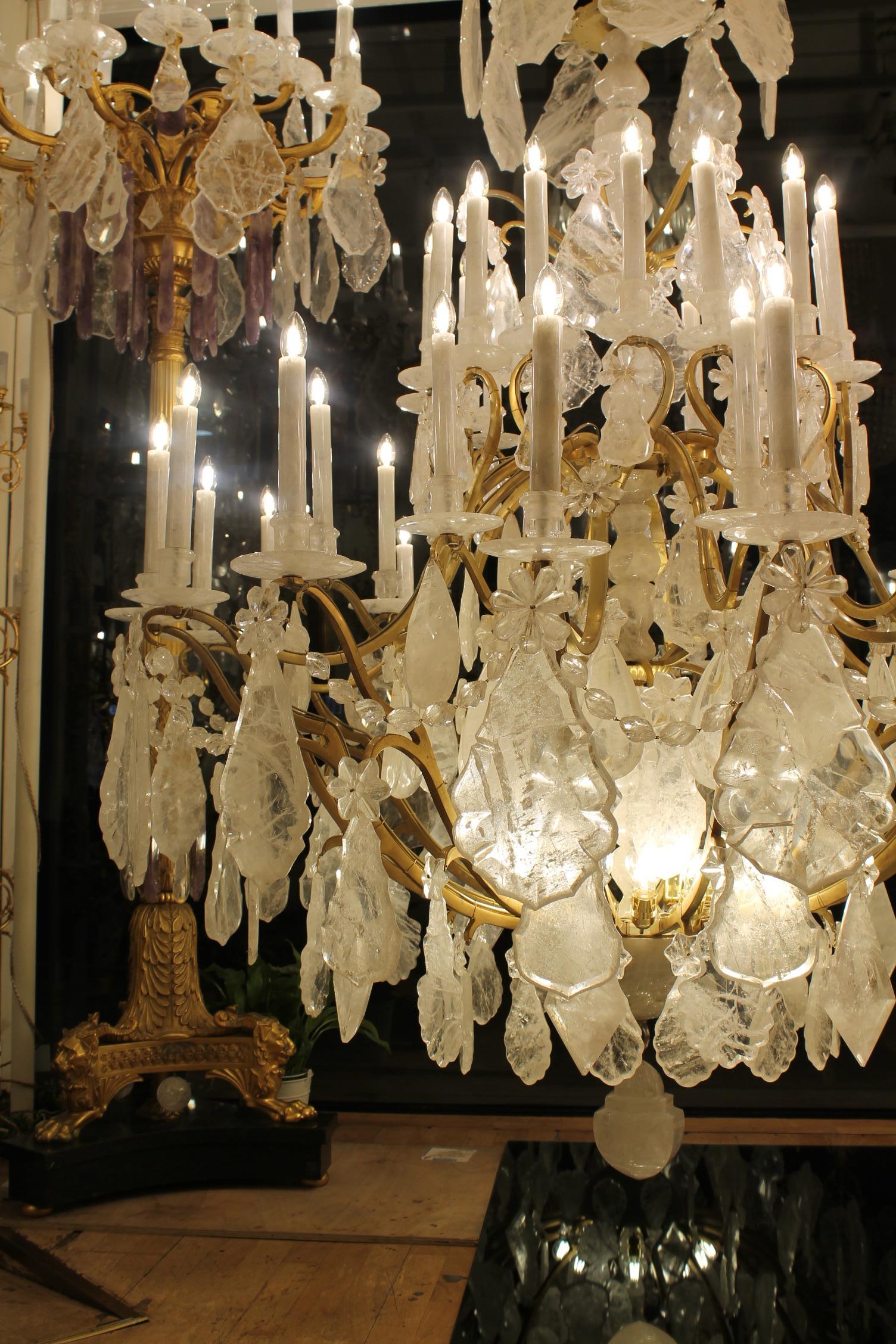 Pair of imposing rock crystal Louis XV style cage chandeliers For Sale 3