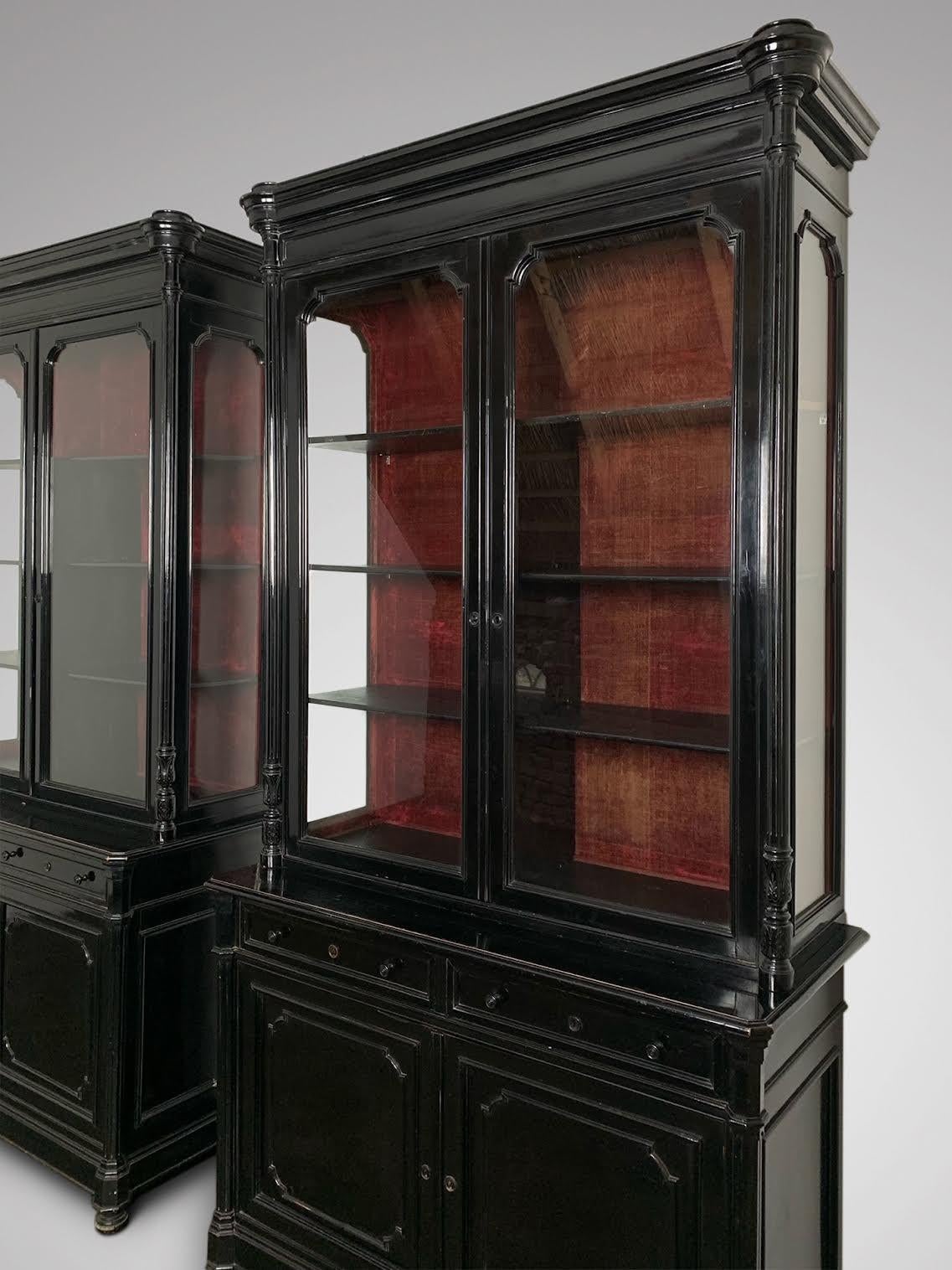 Regency Pair of Impressive 19th Century French Ebonized Cabinets or Bookcases