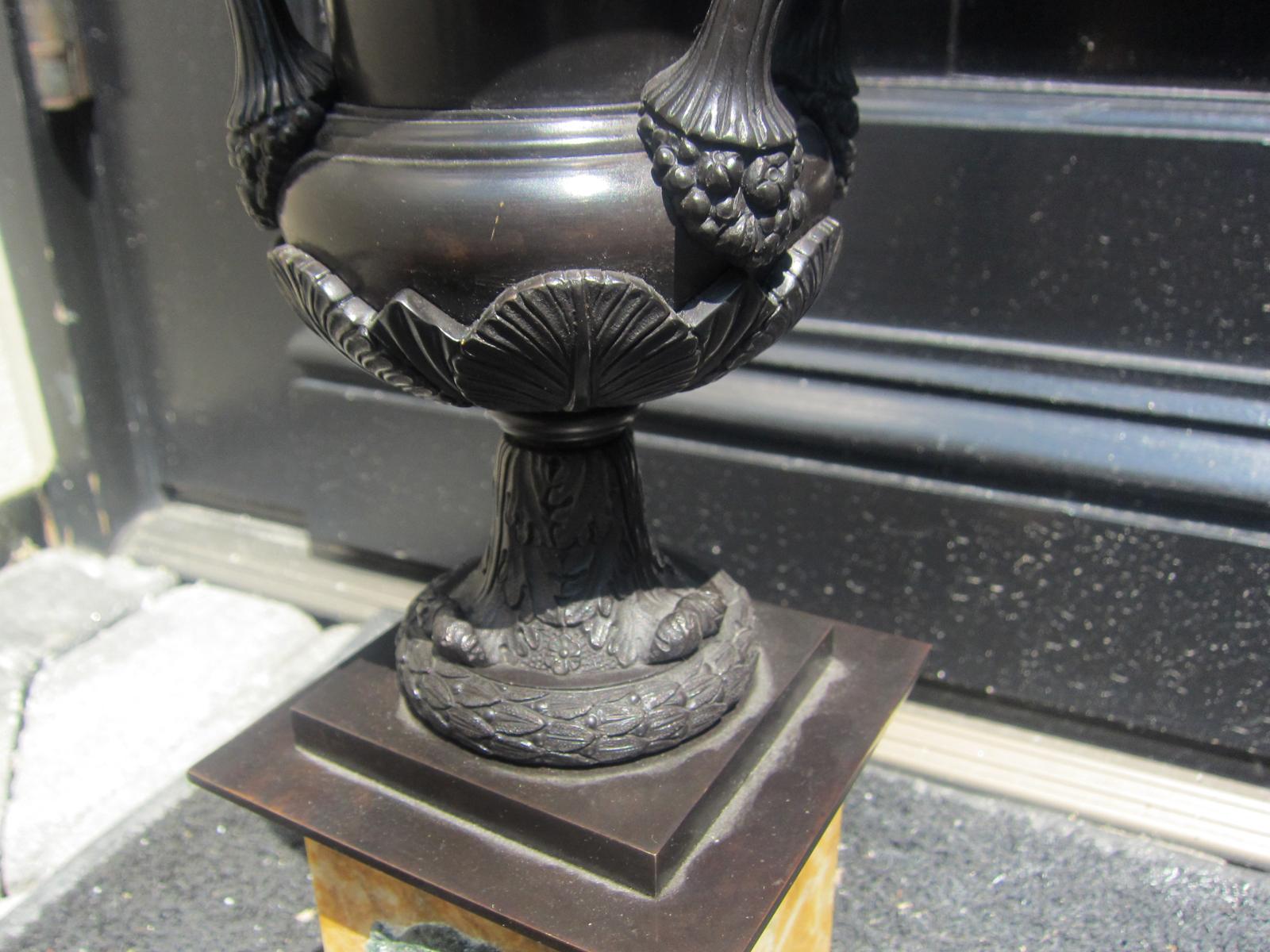 Pair of Impressive 19th Century French Empire Bronze Urns on Sienna Marble Bases 1