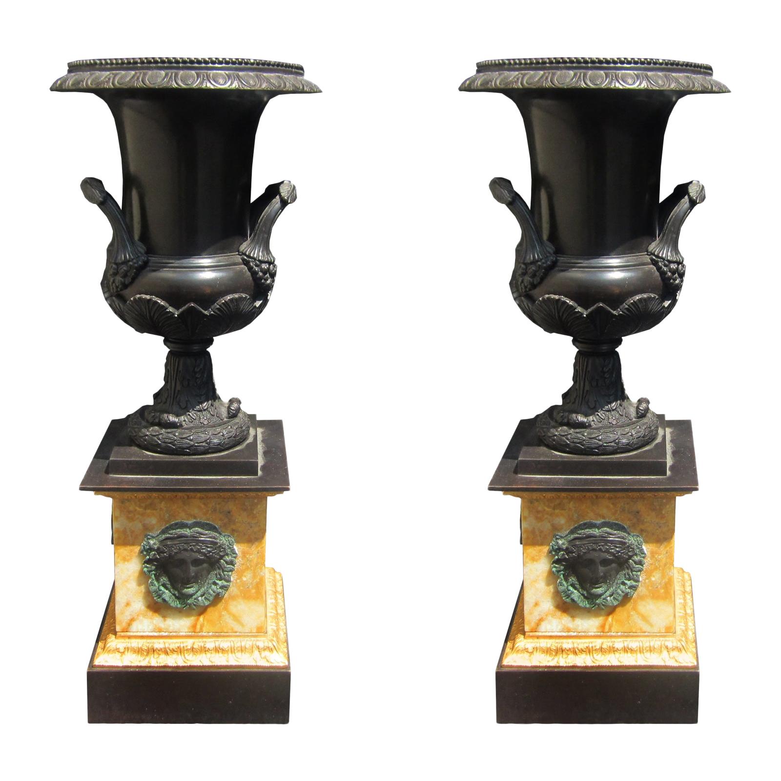 Pair of Impressive 19th Century French Empire Bronze Urns on Sienna Marble Bases