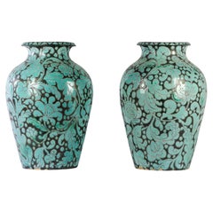 Vintage Pair of impressive blue and black vases with floral pattern