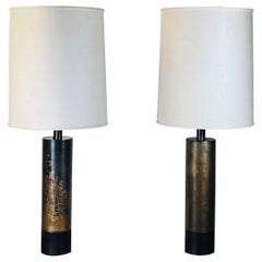 Pair of Impressive Etched Brass & Bronze Cylinder Lamps by Laurel