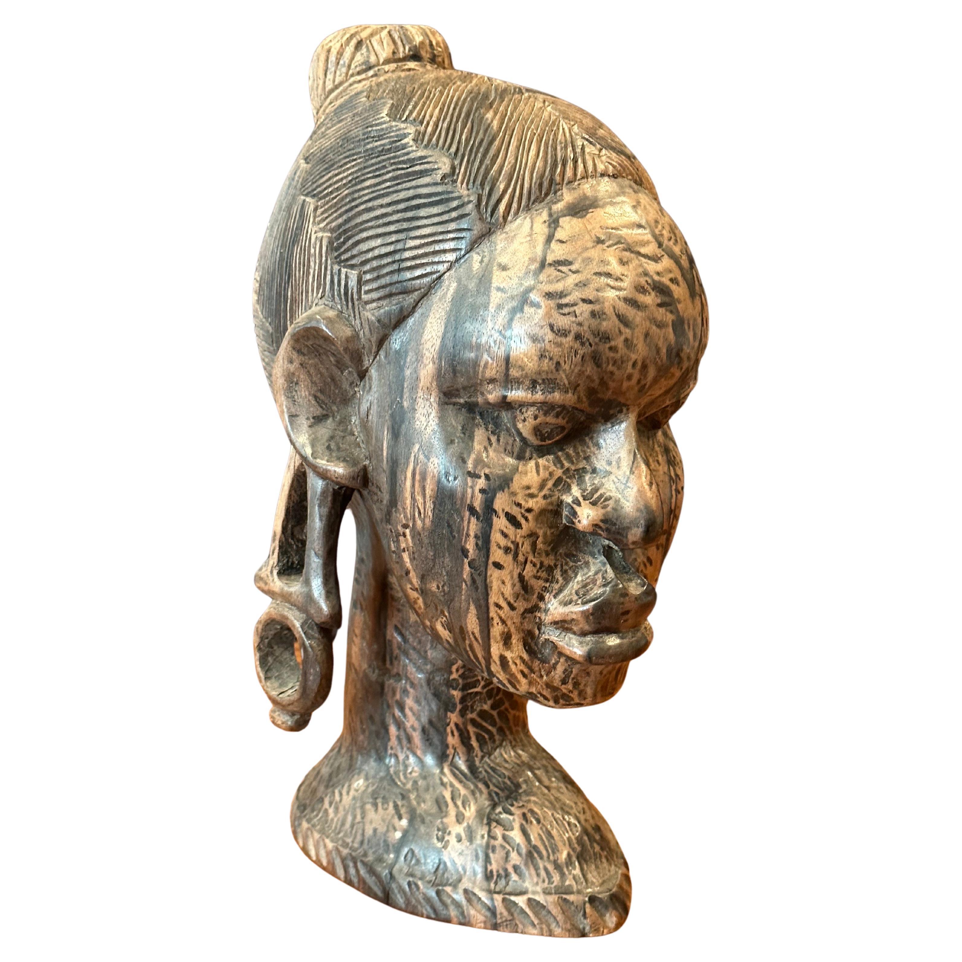 Pair of Impressive Hand-Carved Hardwood African Busts In Good Condition For Sale In San Diego, CA