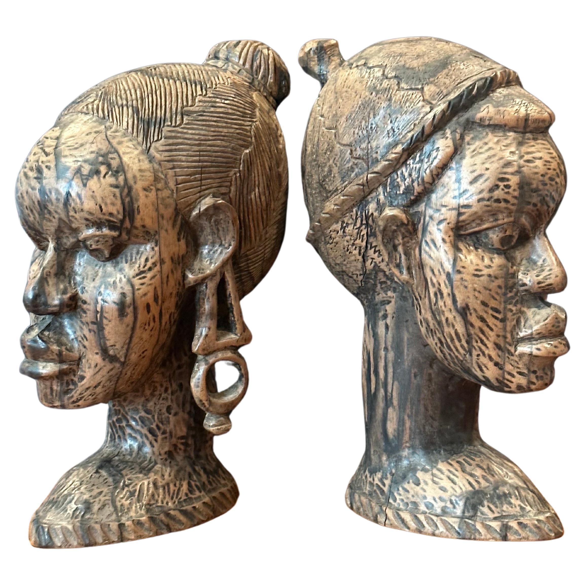 Pair of Impressive Hand-Carved Hardwood African Busts For Sale 1