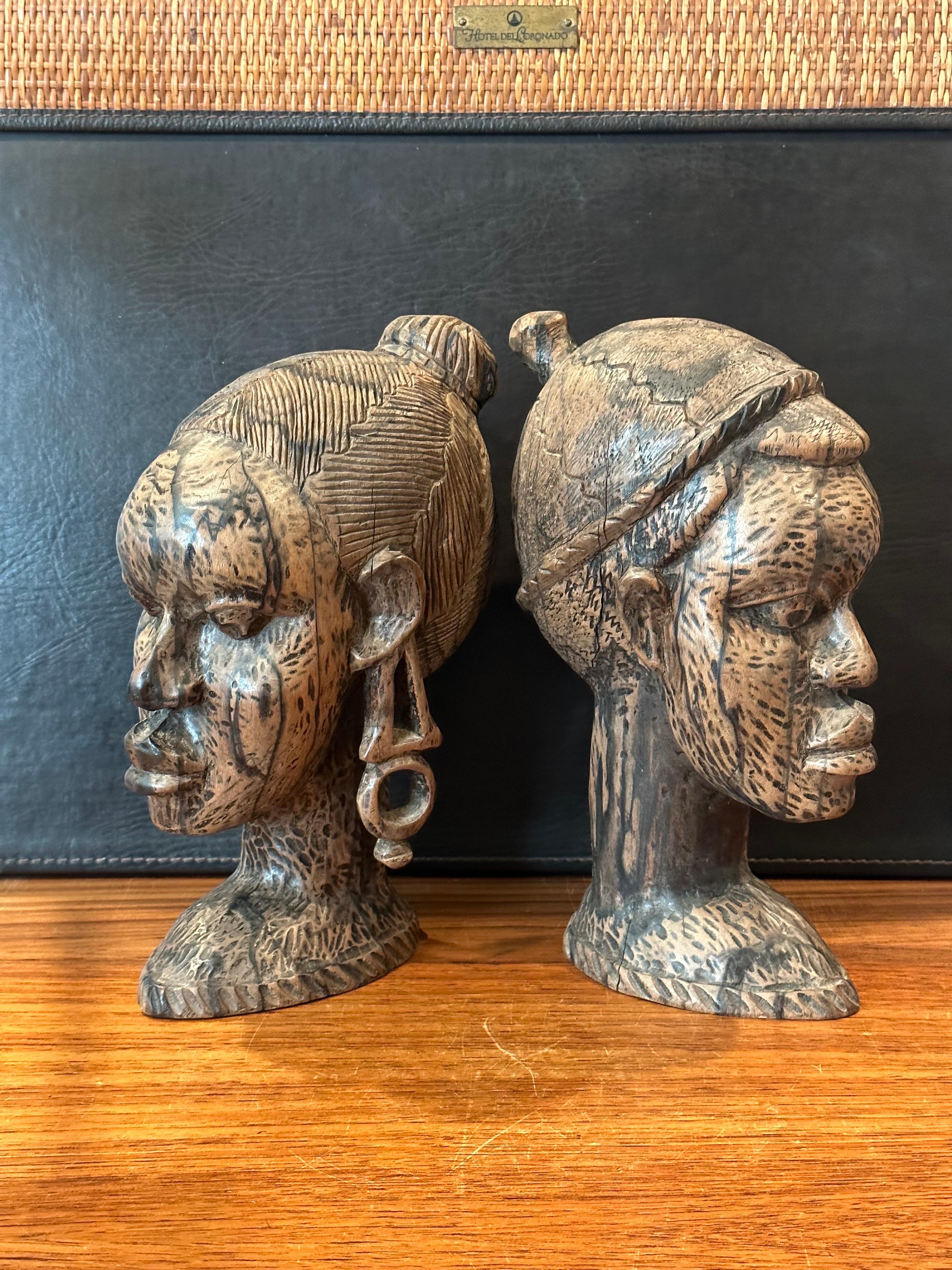 Pair of Impressive Hand-Carved Hardwood African Busts For Sale 3