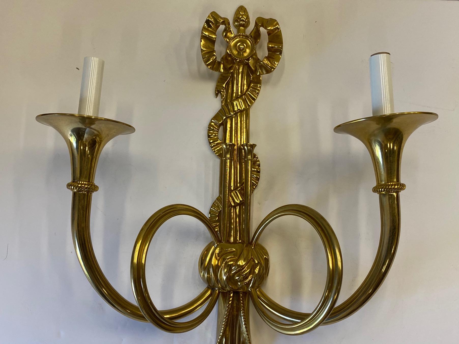 Pair of Impressive Heavy Italian Cast Brass Wall Sconces For Sale 4