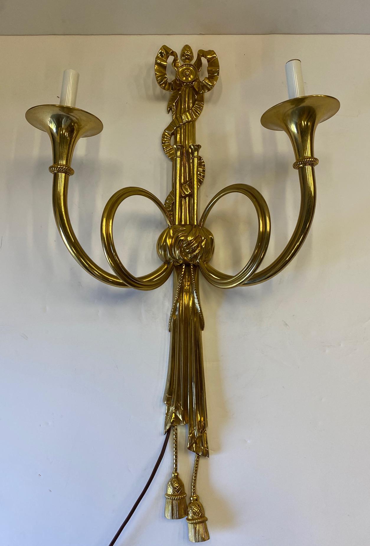 Pair of Impressive Heavy Italian Cast Brass Wall Sconces For Sale 5