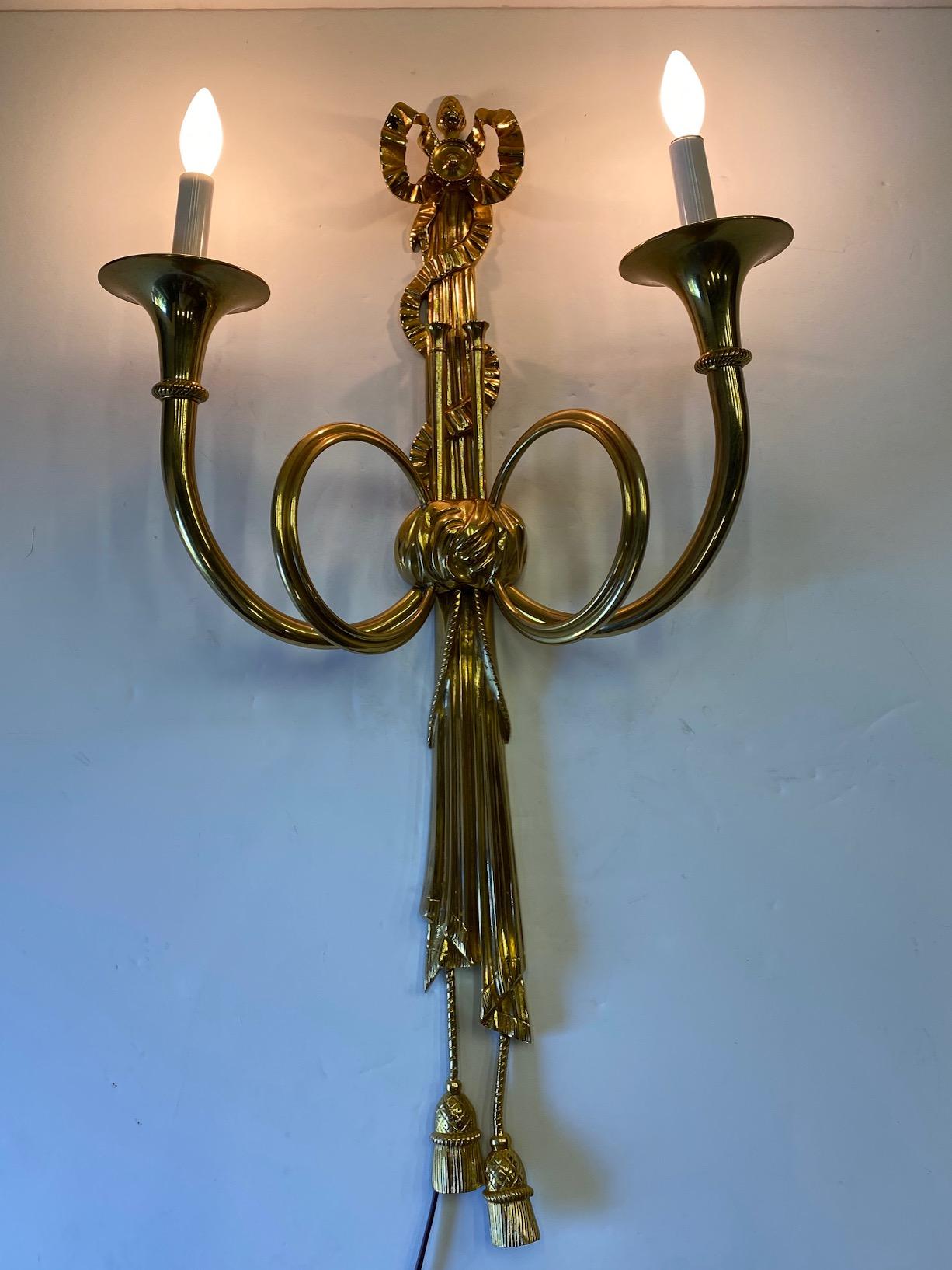 Pair of Impressive Heavy Italian Cast Brass Wall Sconces For Sale 1