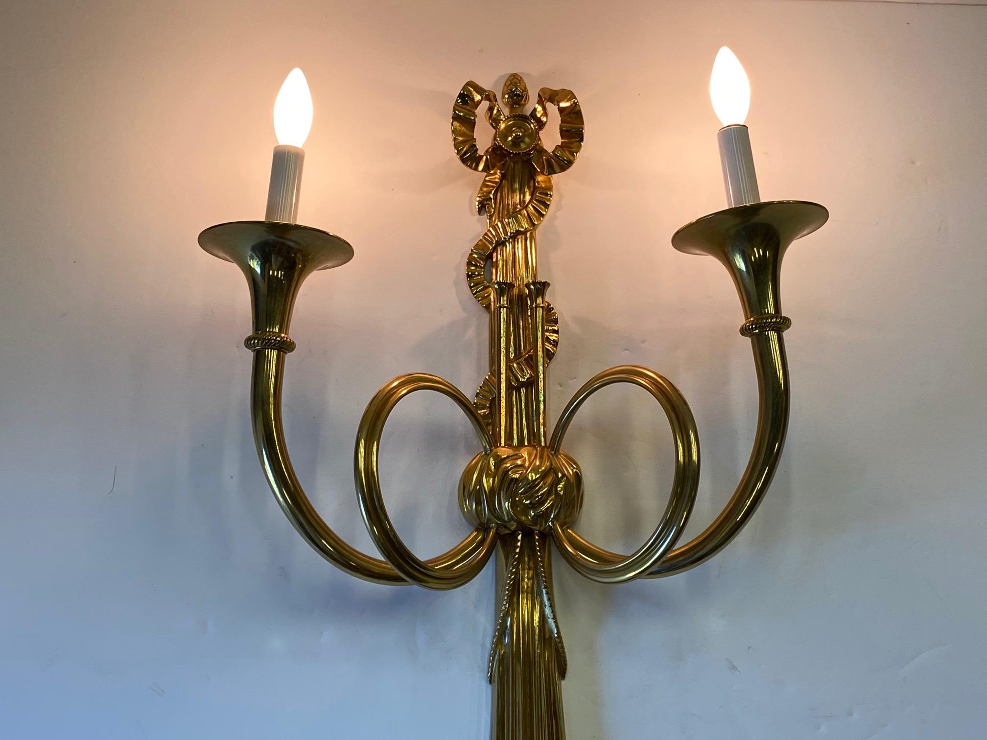 Pair of Impressive Heavy Italian Cast Brass Wall Sconces For Sale 3