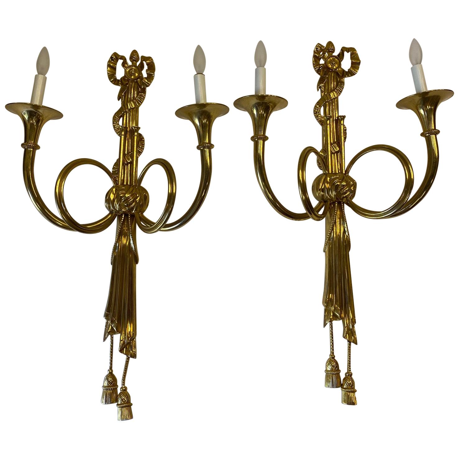 Pair of Impressive Heavy Italian Cast Brass Wall Sconces For Sale
