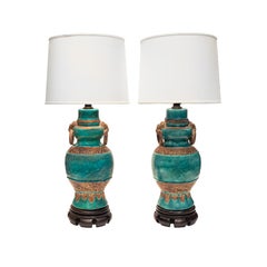 Pair of Impressive Italian Artisan Ceramic Lamps with Aqua Craquele Glaze 1950s