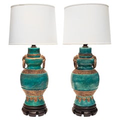 Pair of Impressive Italian Artisan Ceramic Lamps with Aqua Craquele Glaze 1950s