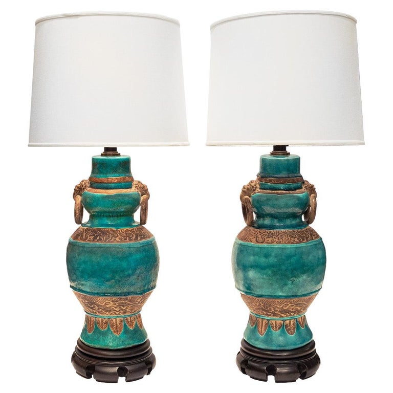 Pair of Impressive Italian Artisan Ceramic Lamps with Aqua Craquele