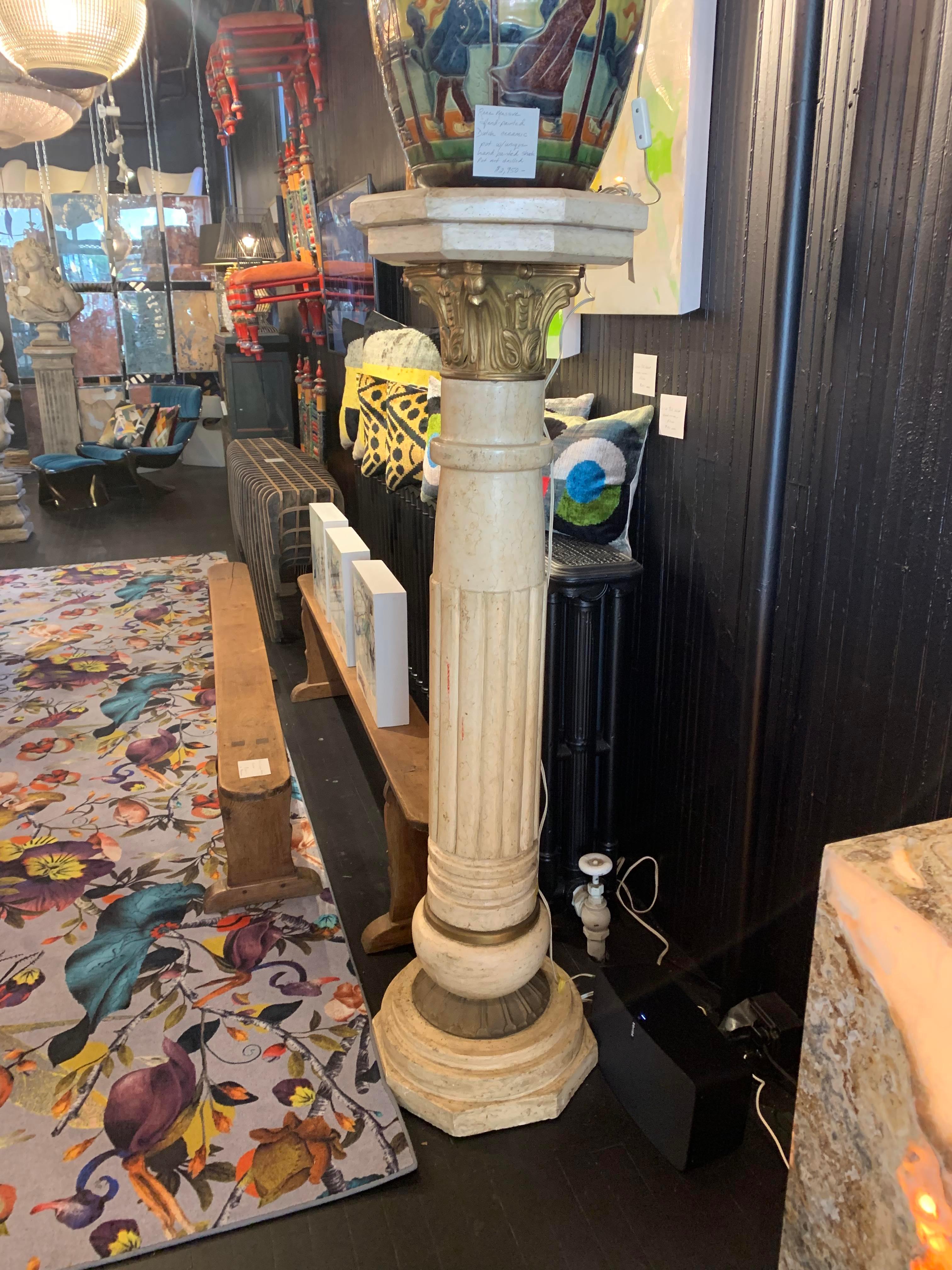 Stunning French Beaux Arts style marble pedestals with gilt bronze doré Corinthian capital and base accents and fluted grooved shafts. Ca. Early 20th century.
Sold together or separately.
 