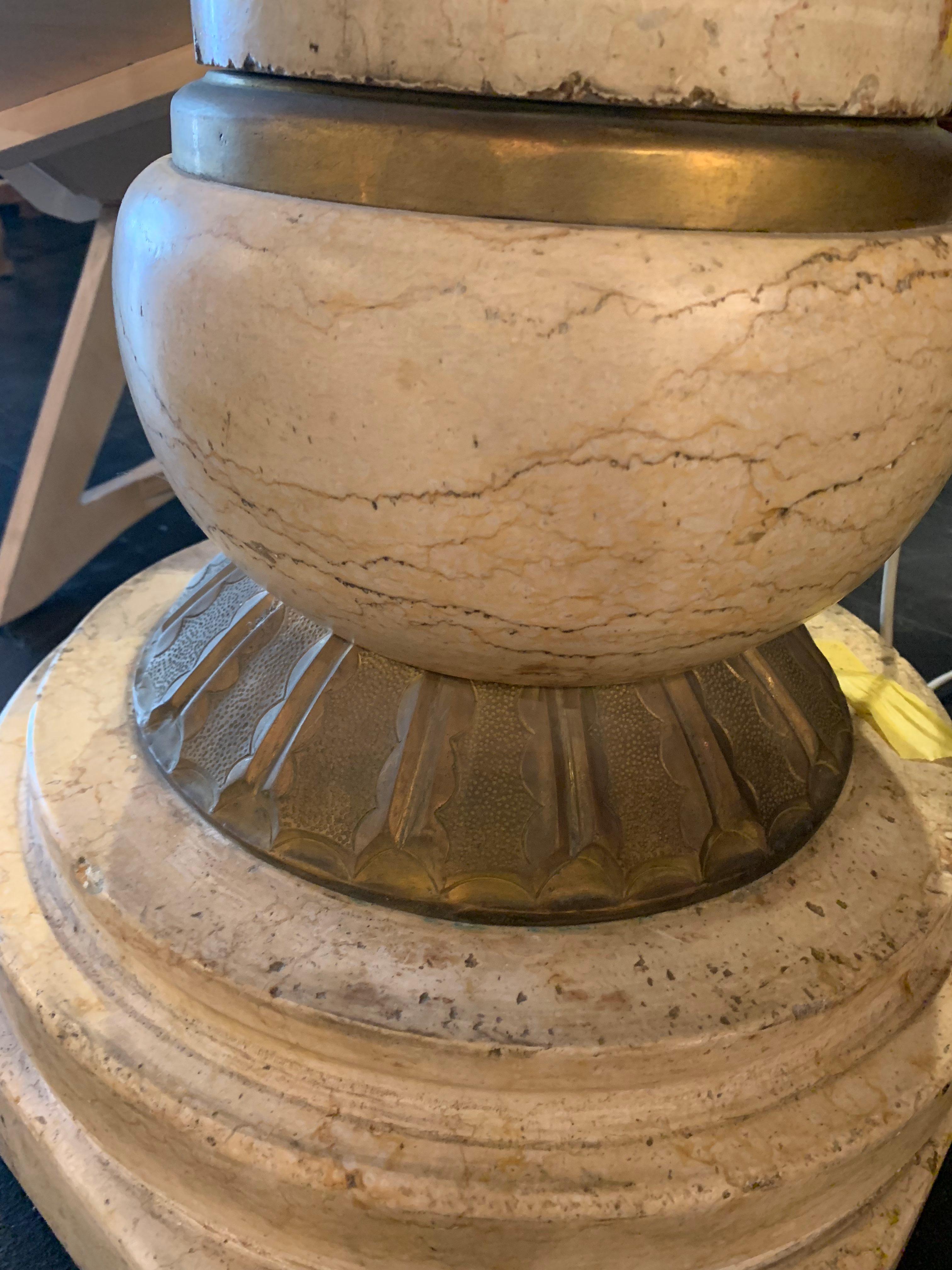 Beaux Arts Pair of Impressive Marble Pedestals with Brass Capitals For Sale