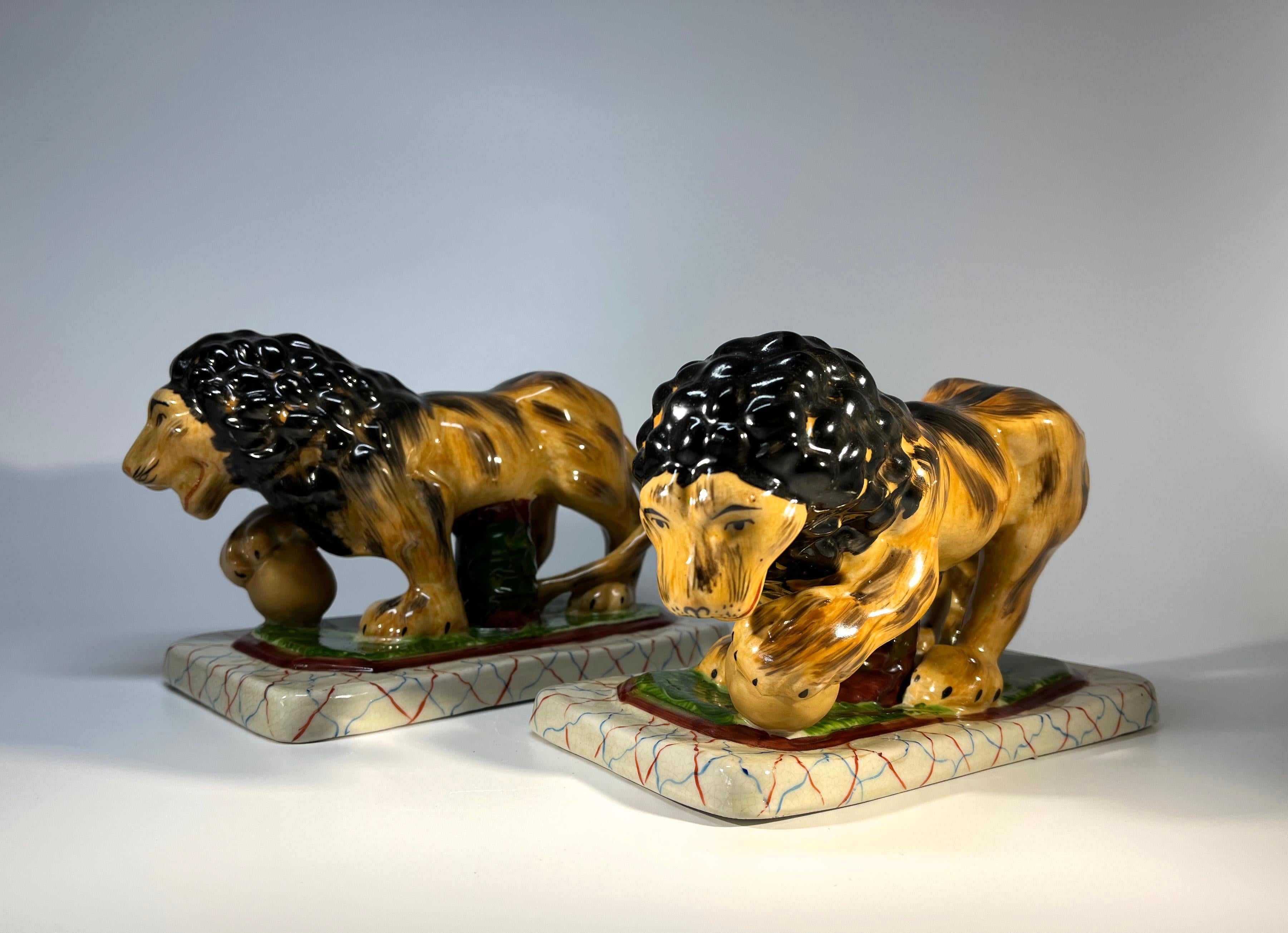 Ceramic Pair Of Impressive Medici Lions In Staffordshire Pottery Antique Style For Sale