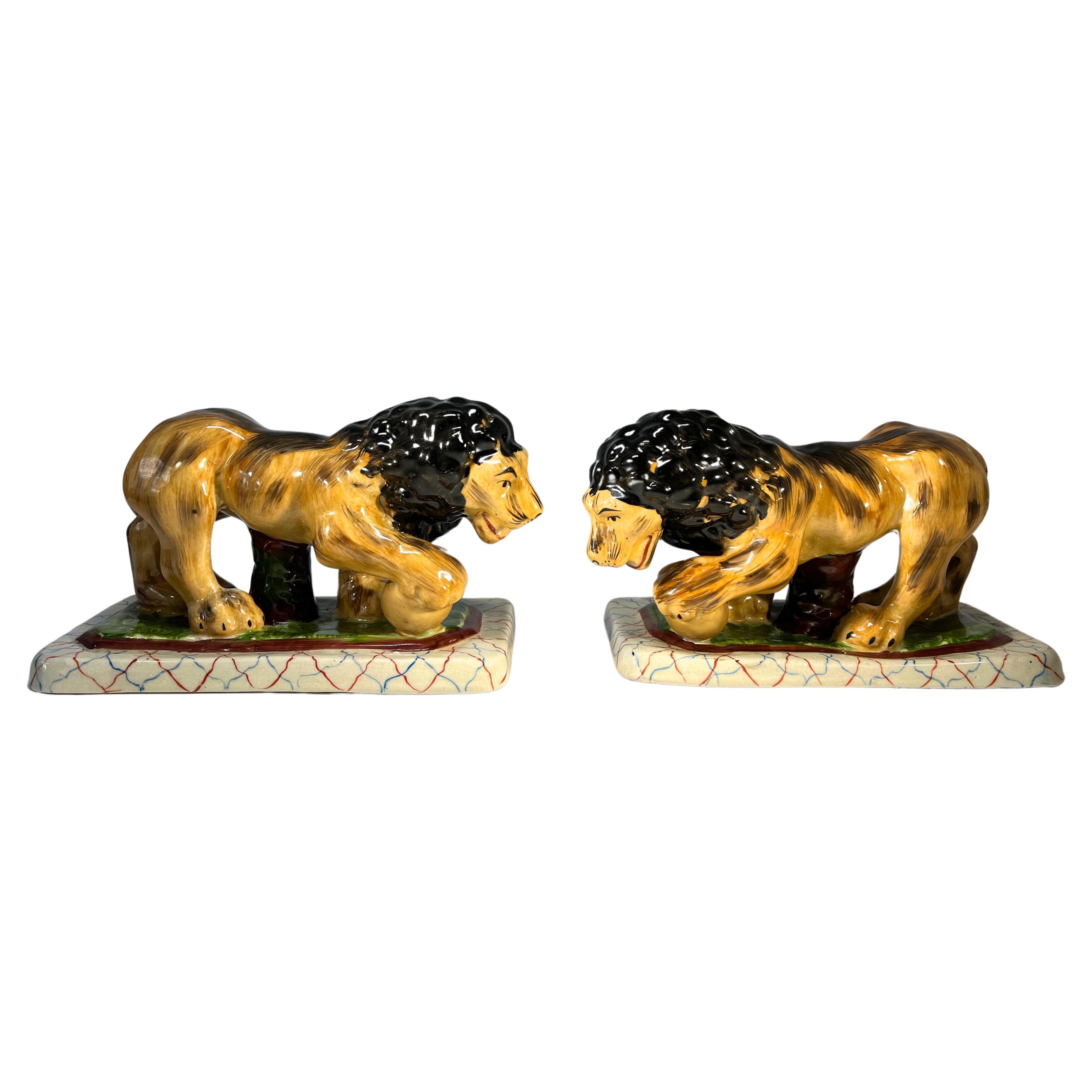 Pair Of Impressive Medici Lions In Staffordshire Pottery Antique Style For Sale