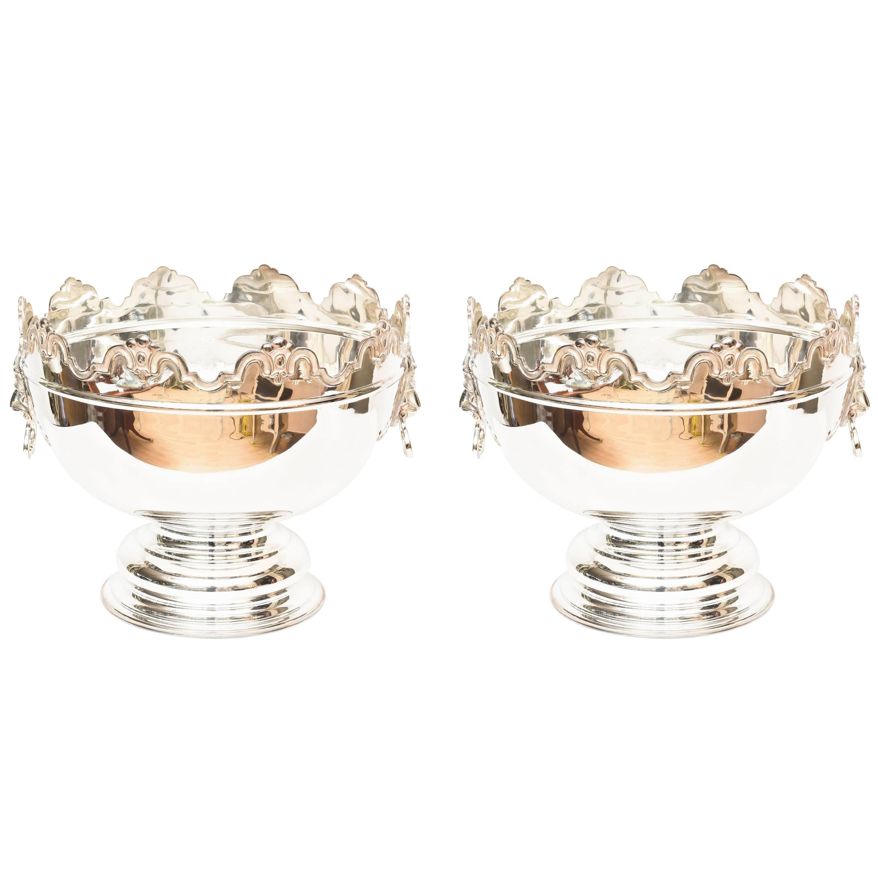 Pair of Impressive Punch Bowl/Monteiths, Vintage Silver Plate Lion
s Head Handle