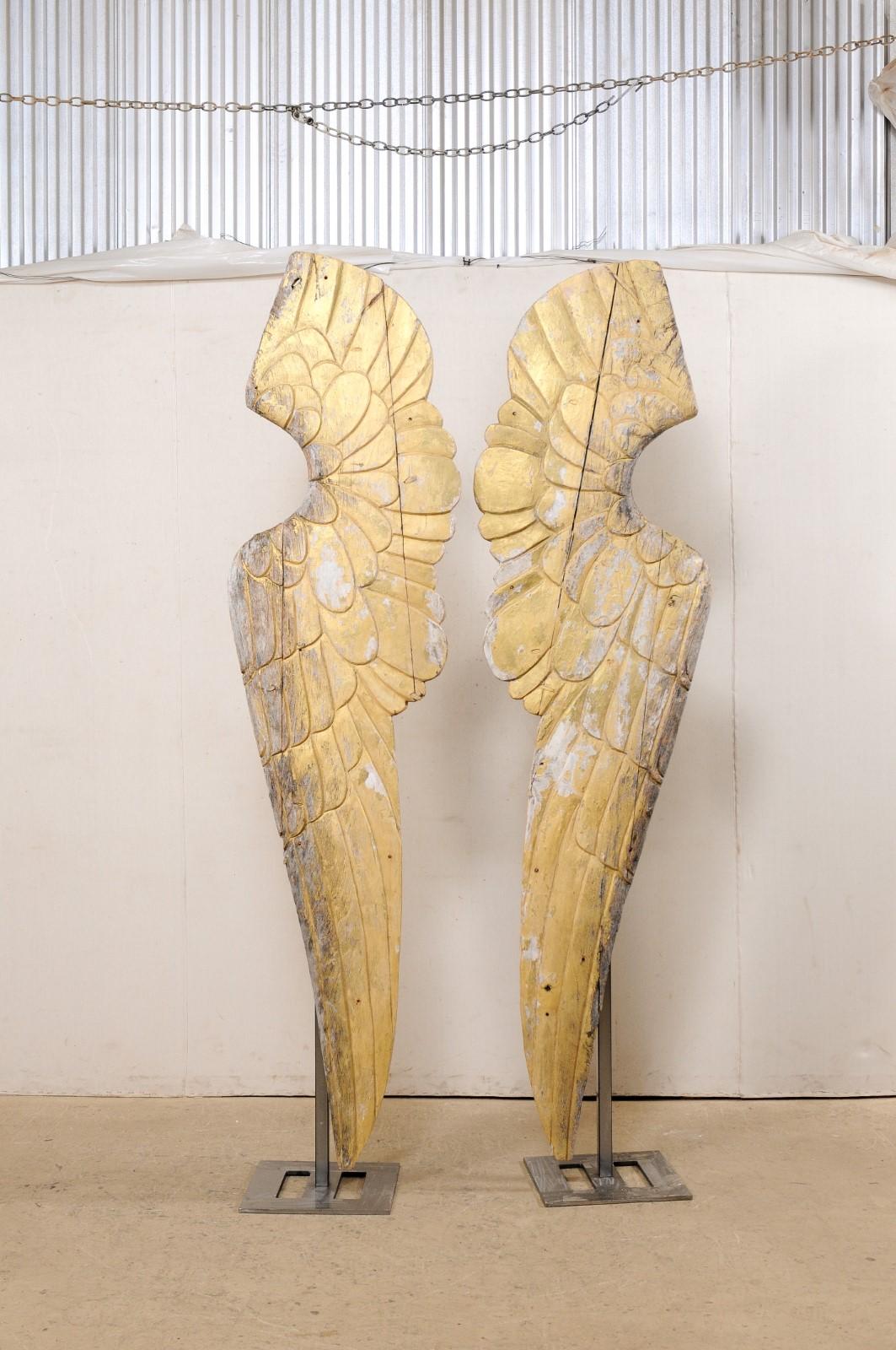 Pair of Impressively Large 8.5 Ft Tall European Gilt Wings on Custom Iron Stands For Sale 6