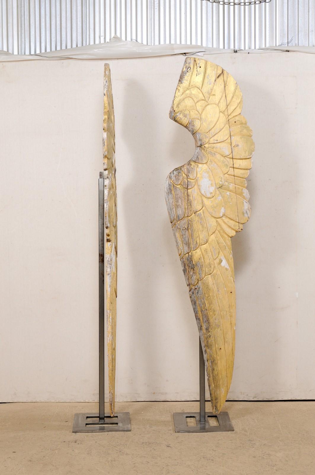 Pair of Impressively Large 8.5 Ft Tall European Gilt Wings on Custom Iron Stands For Sale 2