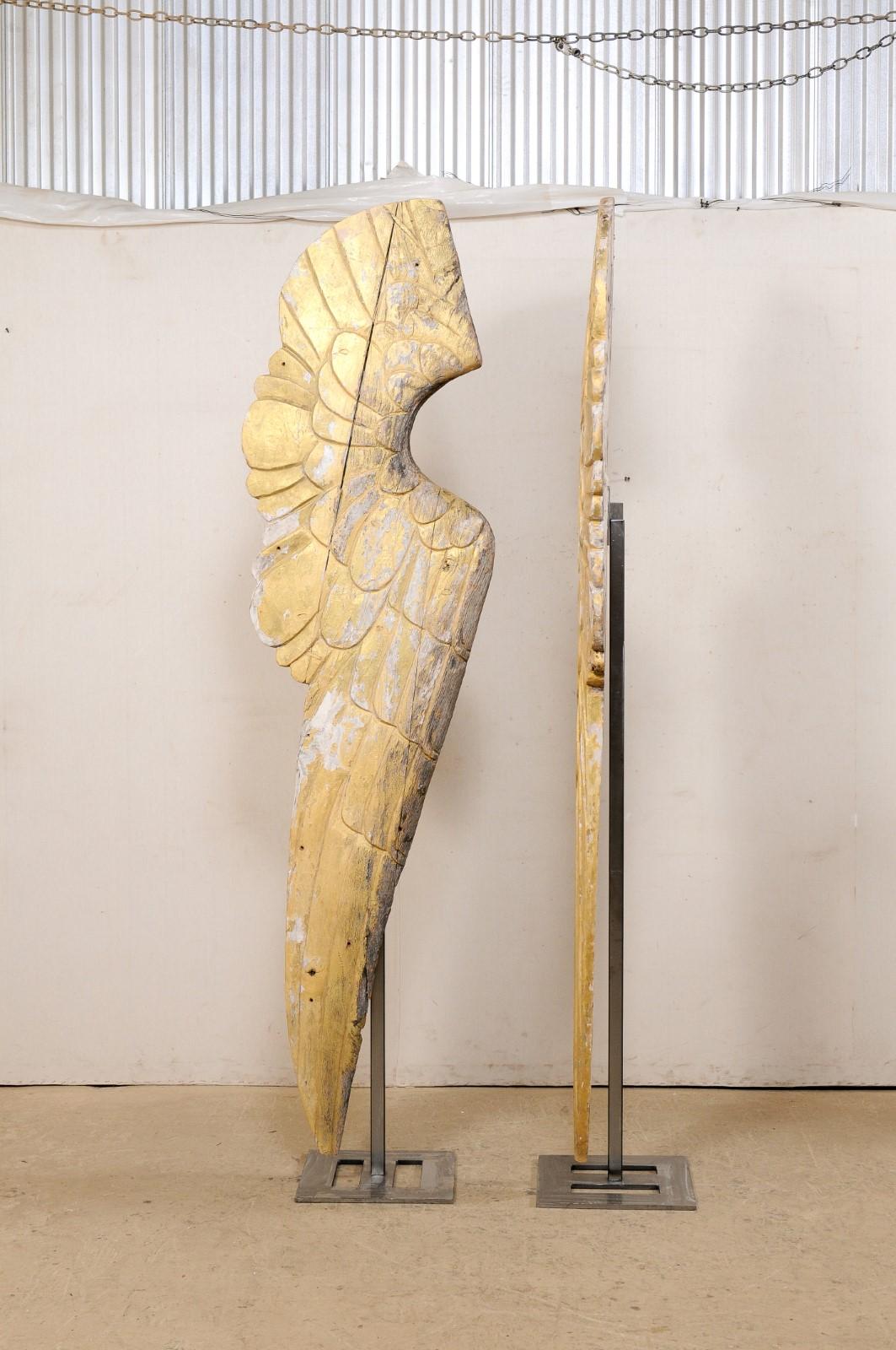 Pair of Impressively Large 8.5 Ft Tall European Gilt Wings on Custom Iron Stands For Sale 5