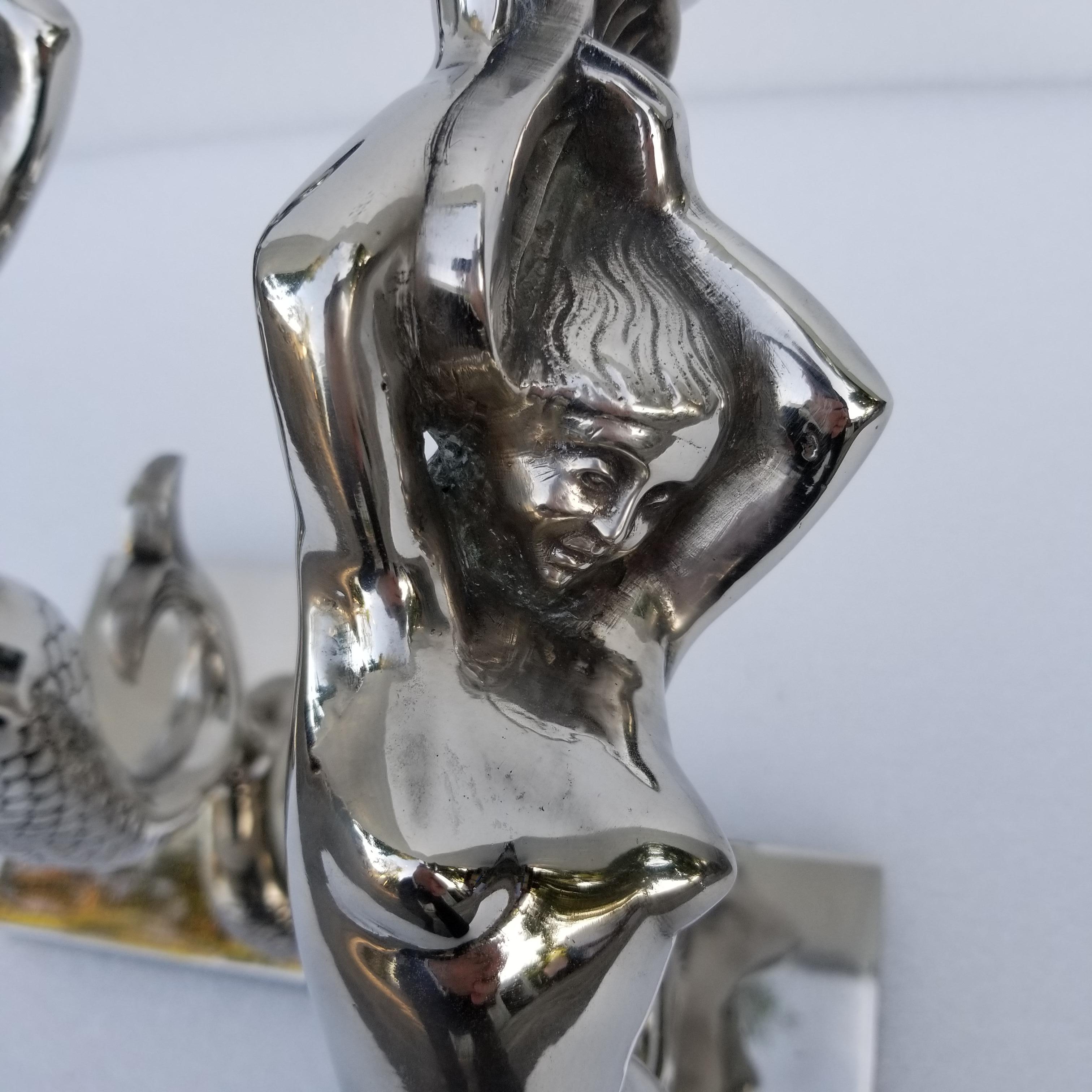 Pair of Impressive Nickel-Plated Bronze Mermaid Sconces For Sale 9